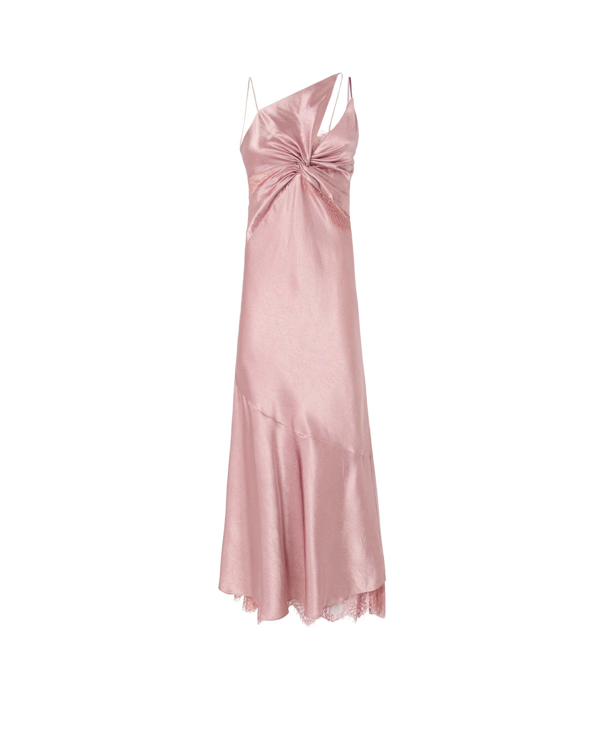 LONG SATIN DRESS WITH DRAPING AND LACE - 1