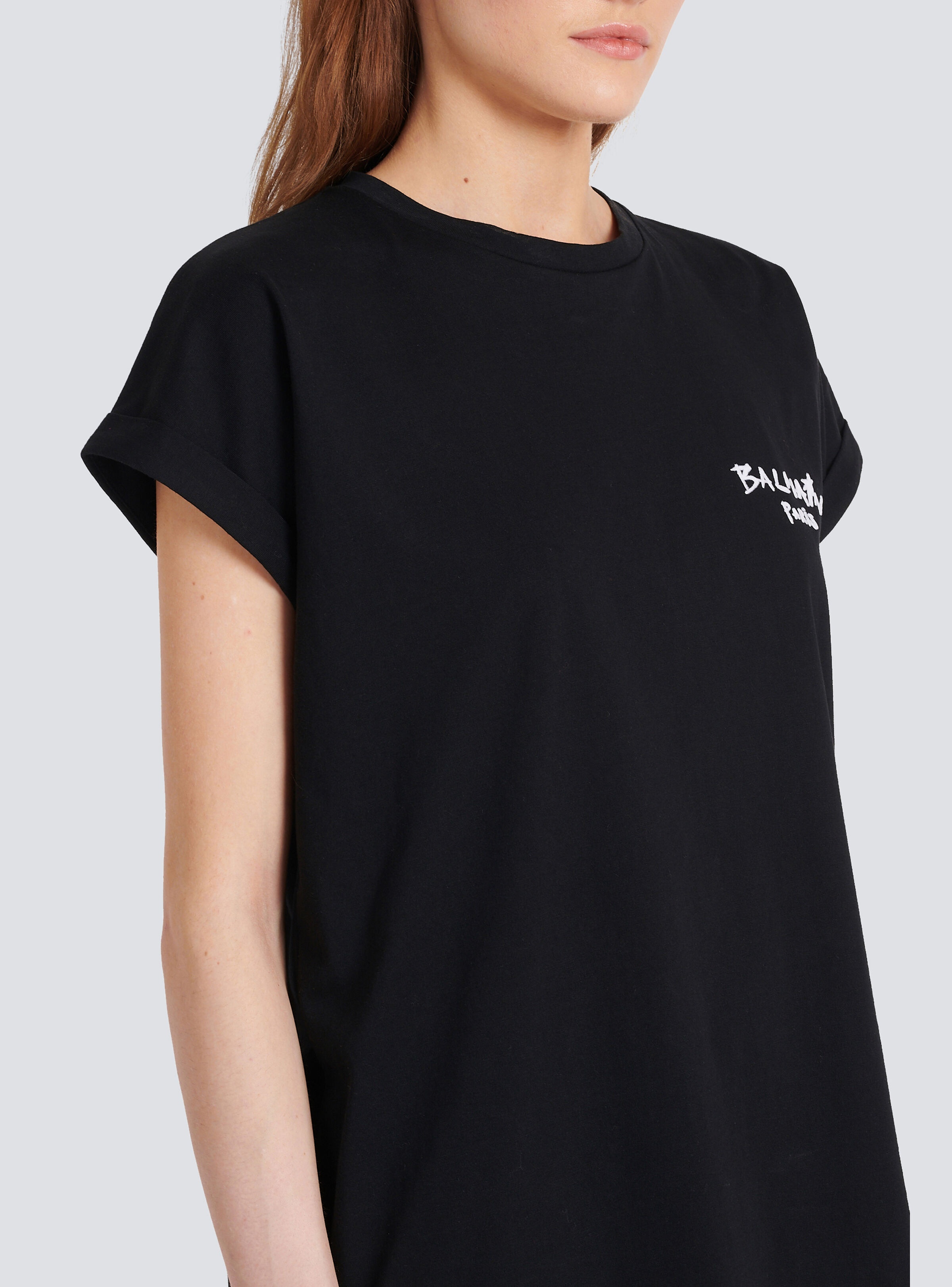 Cotton T-shirt with small flocked graffiti Balmain logo - 8