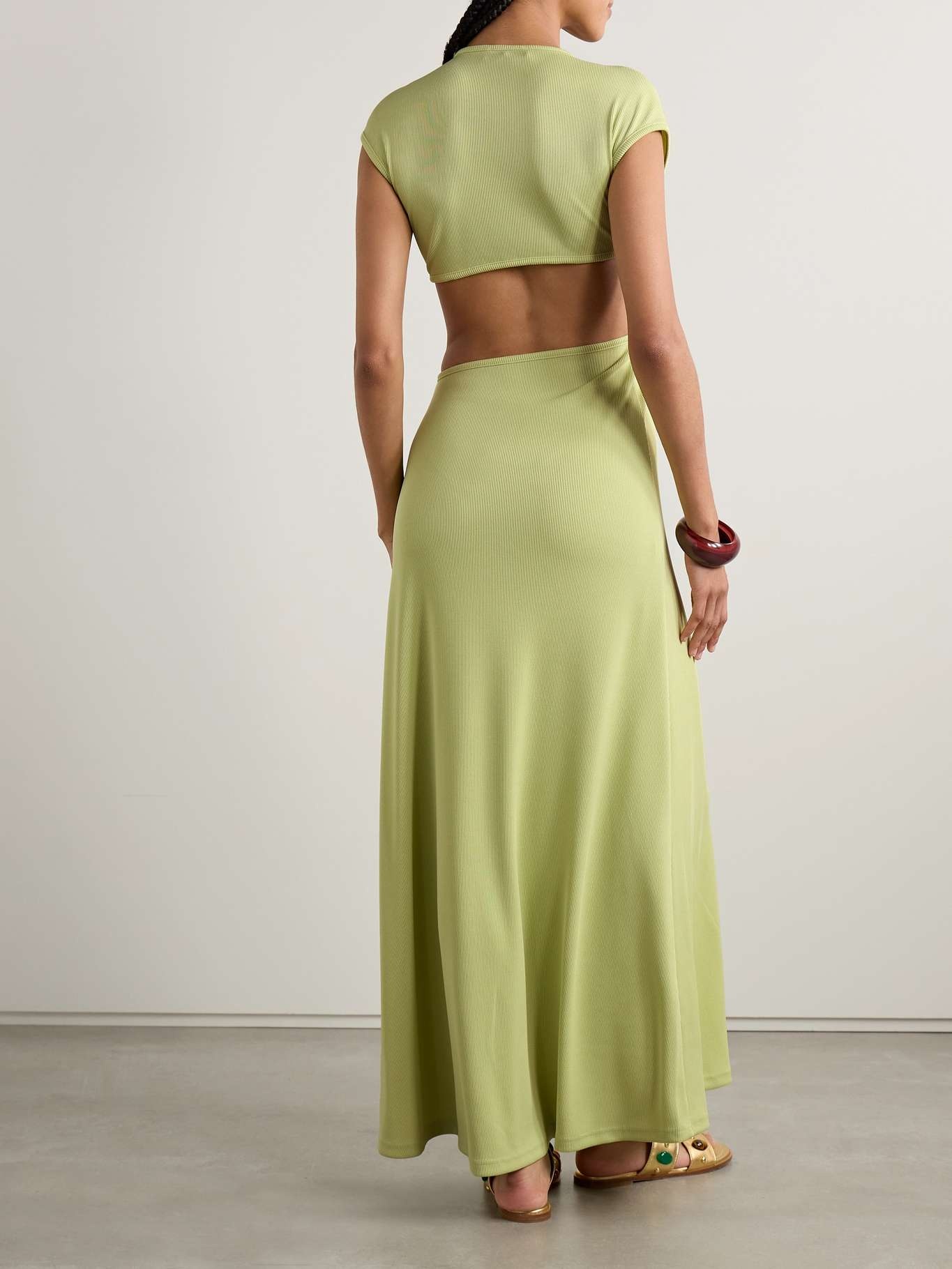 Embellished cutout ribbed-knit maxi dress Sage green - 3