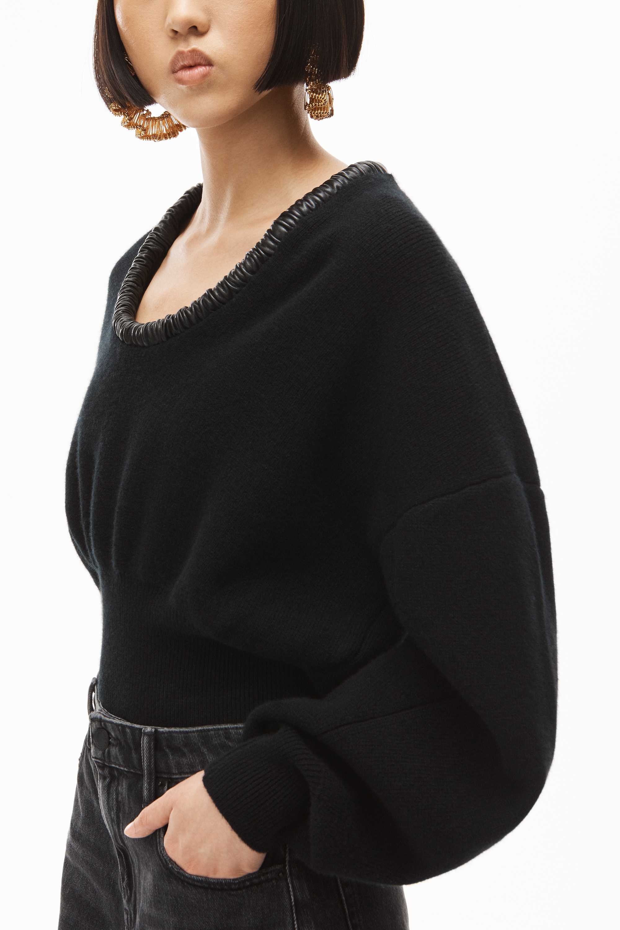 RUCHED LEATHER TRIM PULLOVER IN WOOL - 3