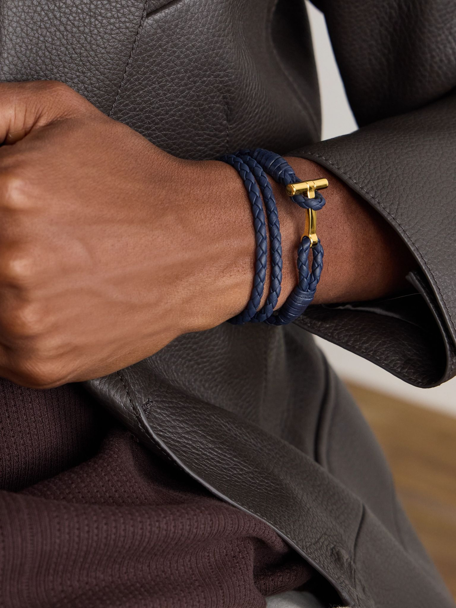 Woven Leather and Gold-Plated Wrap Bracelet Blue - 2