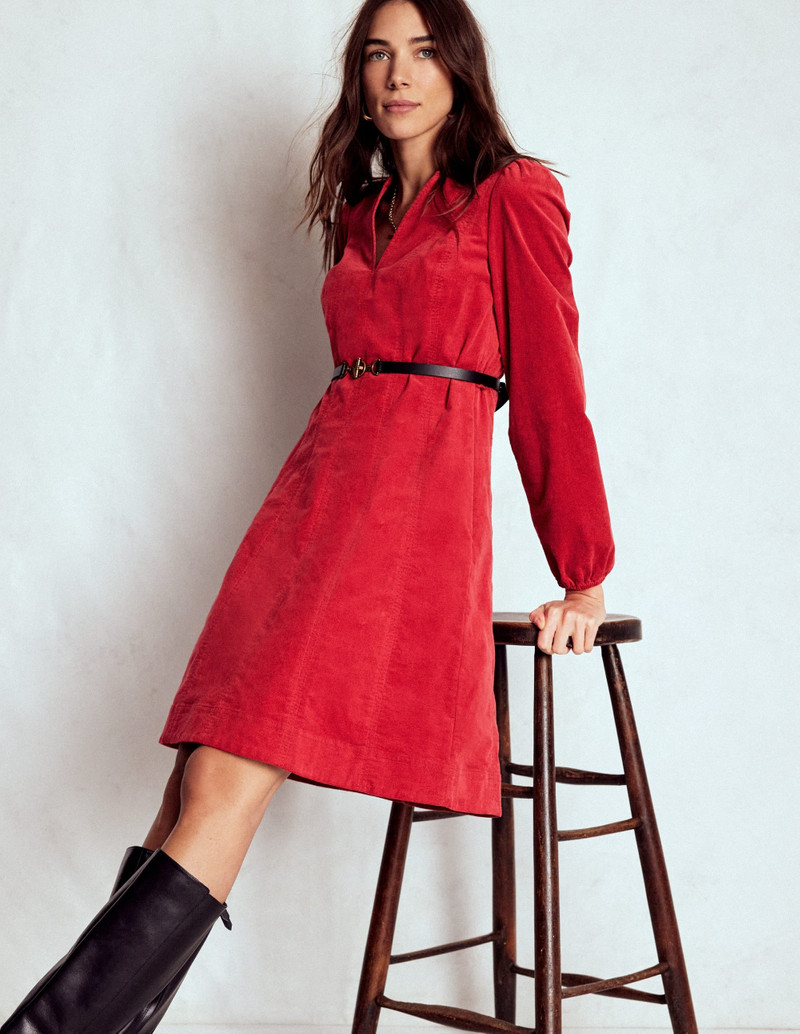 Ros Panelled Cord Short Dress-Crimson Red 5