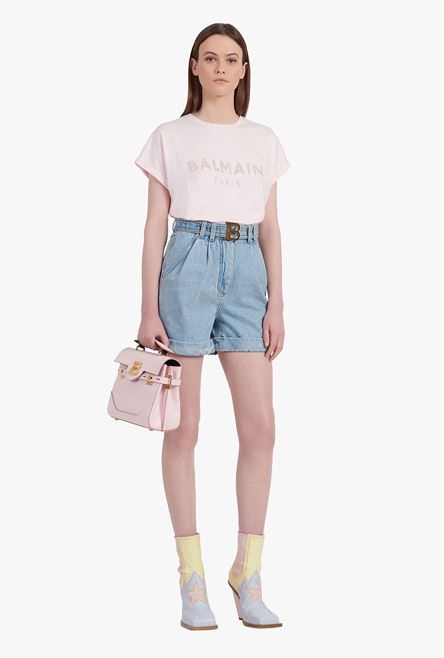 Light blue eco-designed denim high-waisted shorts with Balmain buckle - 2