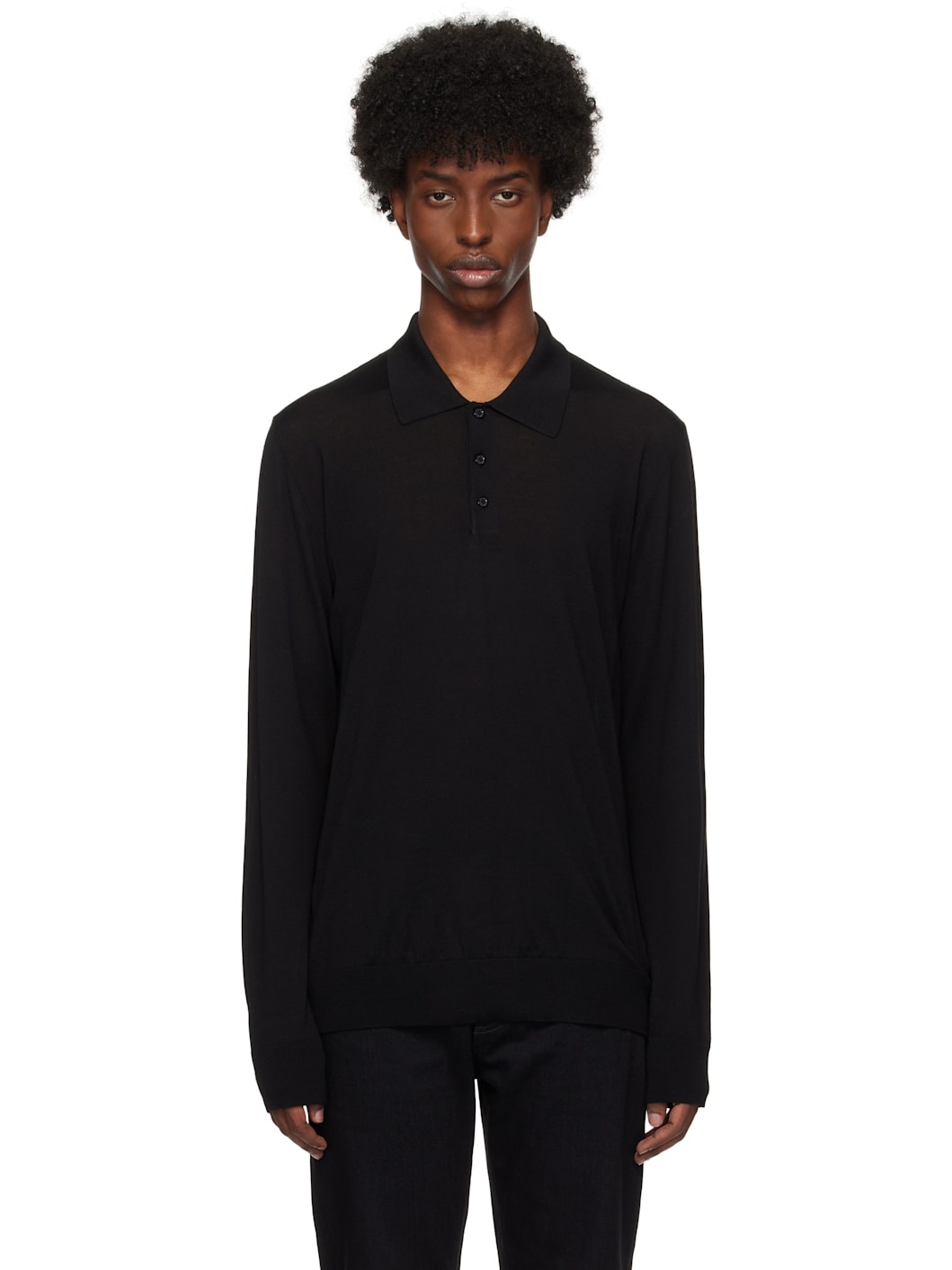 Black Long-Sleeved Merino Wool Polo - 1