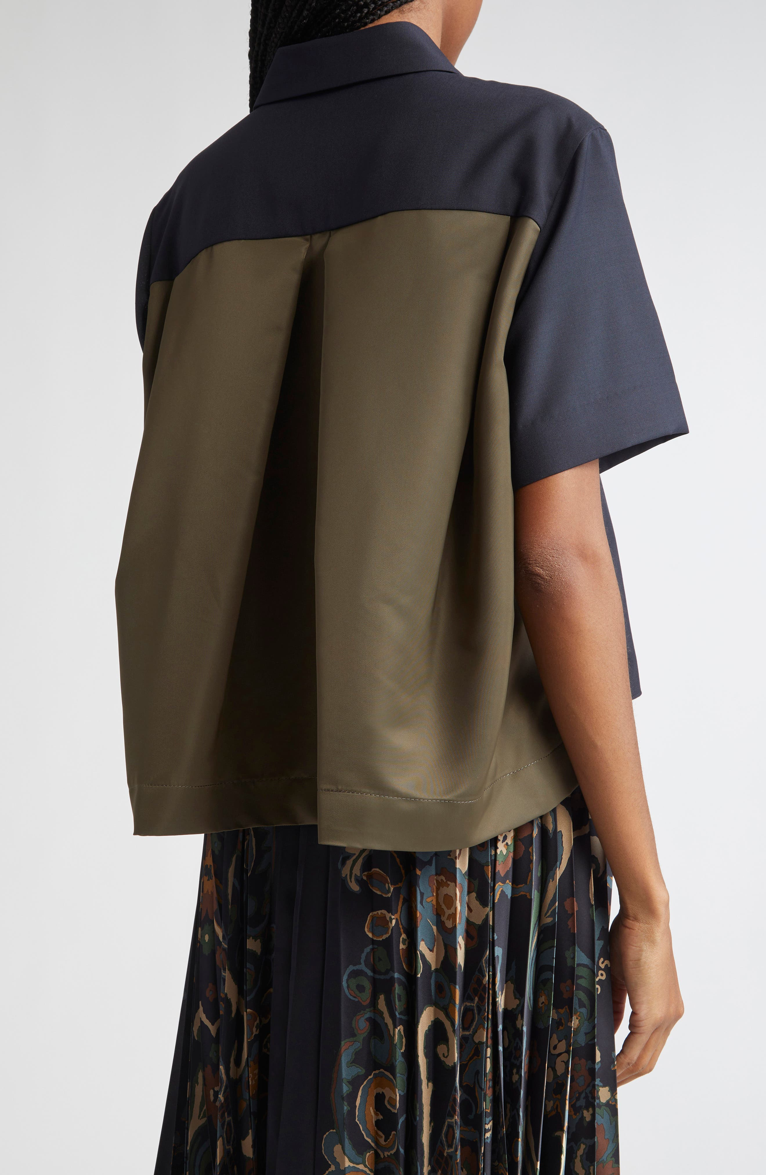 Sacai Suiting Fabric Mix Button-Up Camp Shirt in Navy/Dark Khaki at Nordstrom - 3