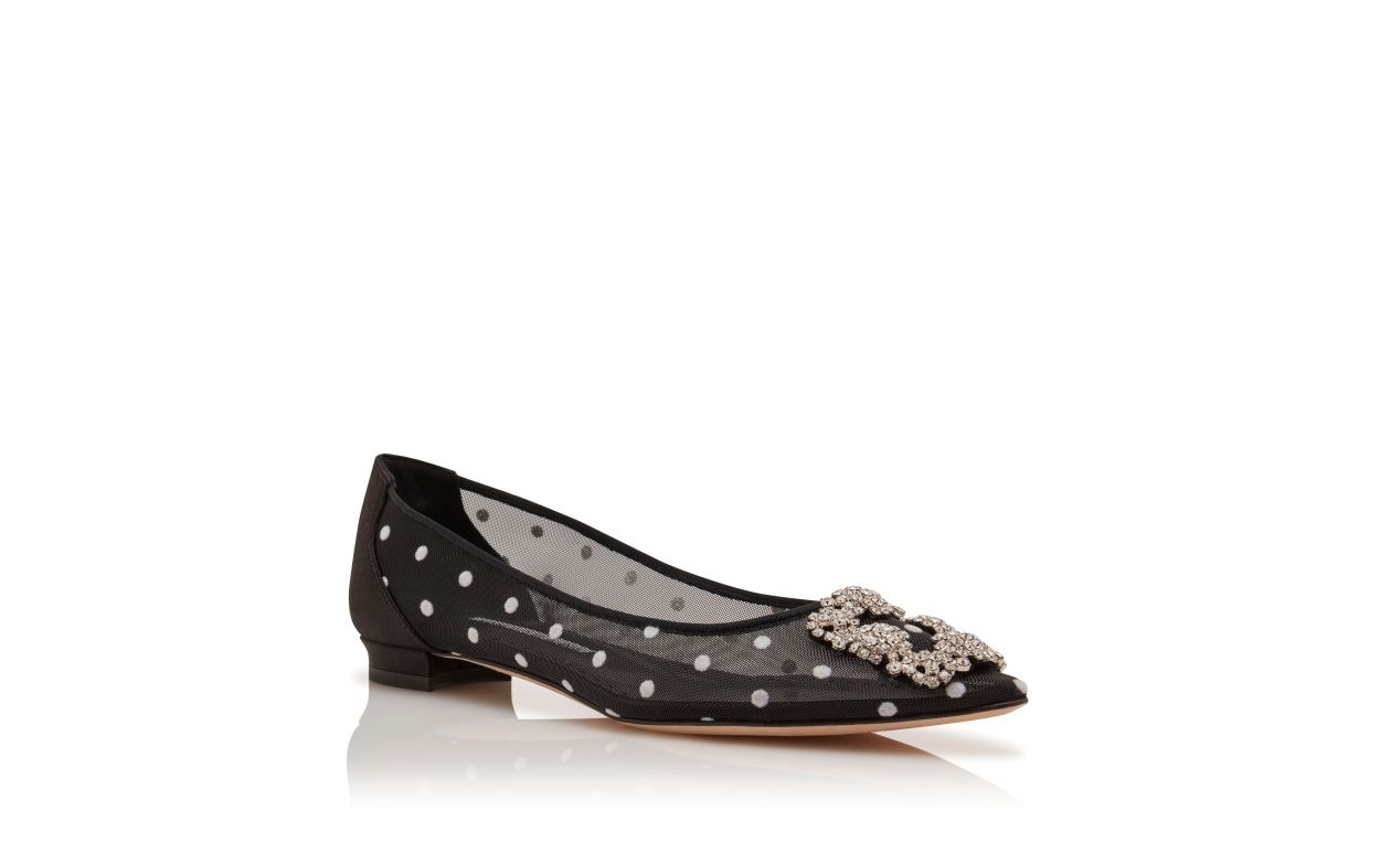 Black and White Mesh Jewel Buckle Flat Pumps - 3