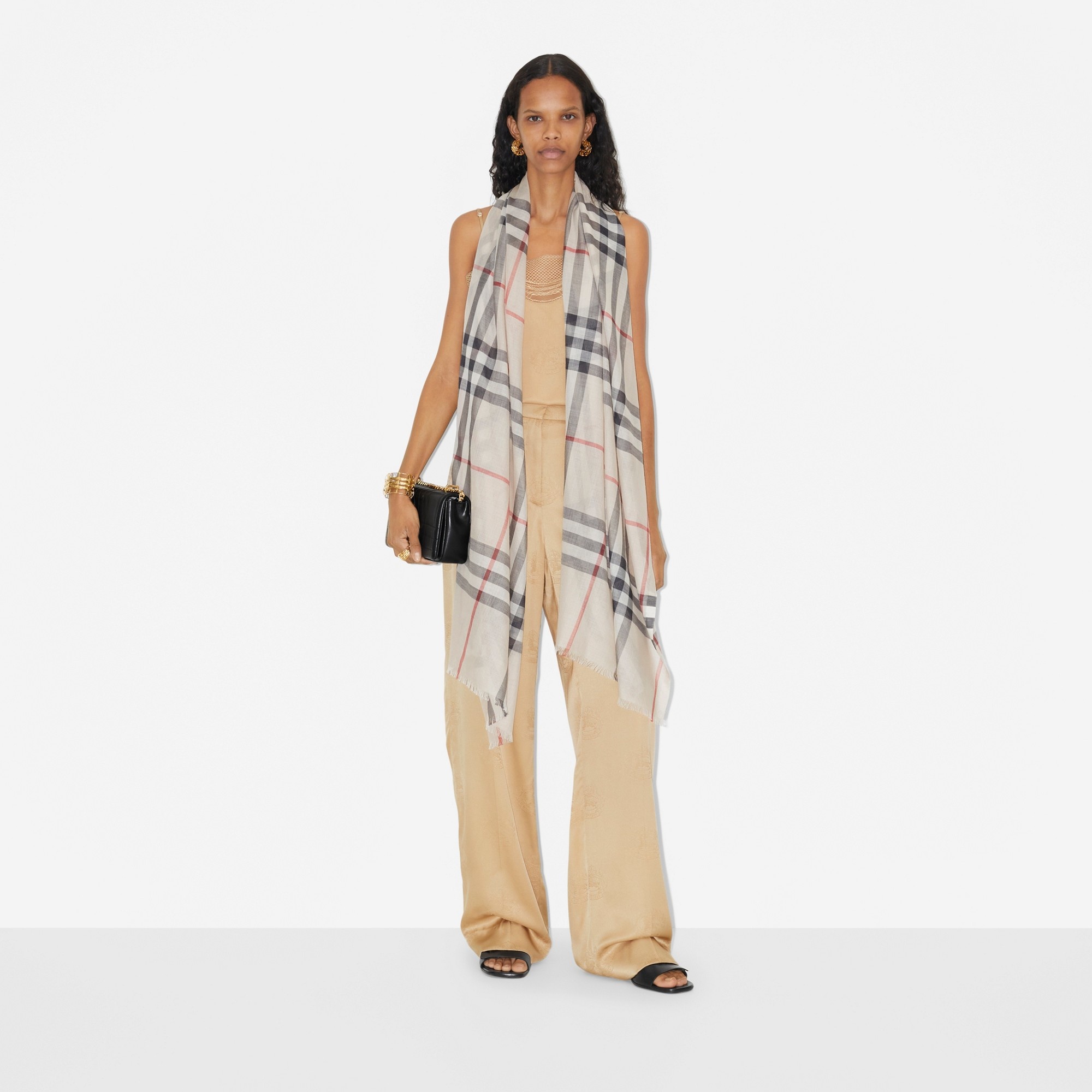 Check Lightweight Wool Silk Scarf - 4