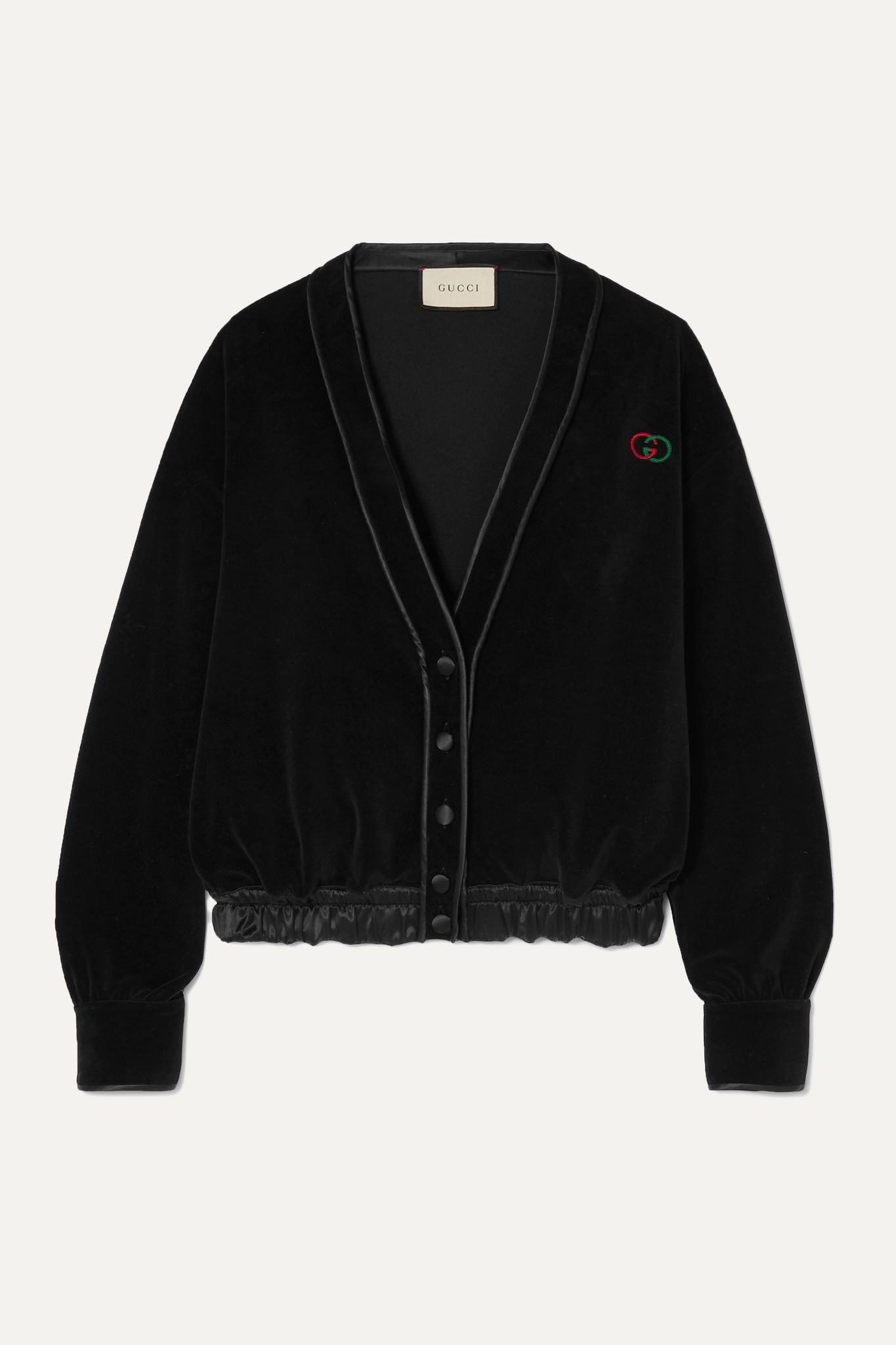 Satin-trimmed embroidered cotton-blend velvet cardigan - 1