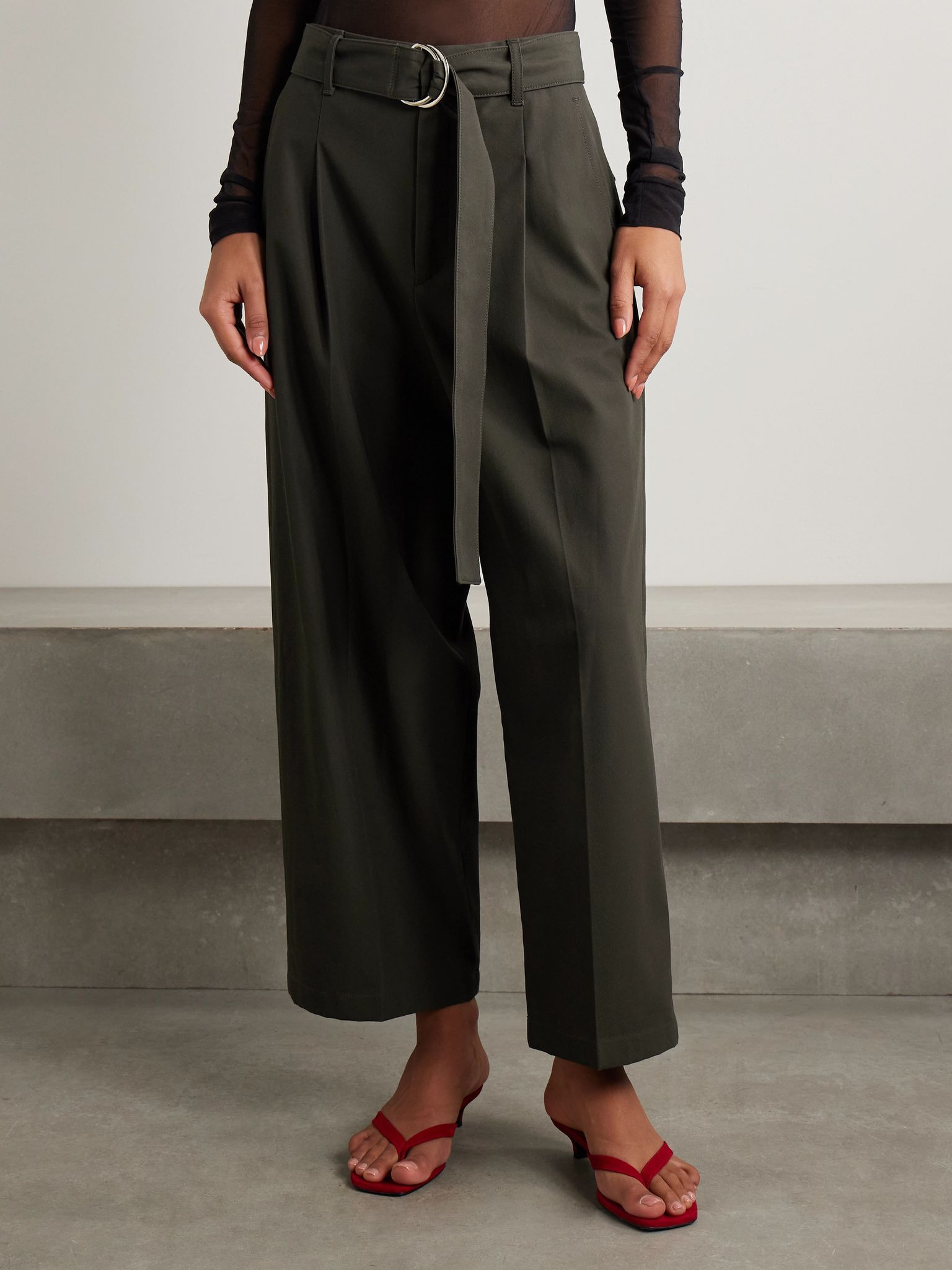 Belted pleated organic cotton-twill pants Dark green - 3