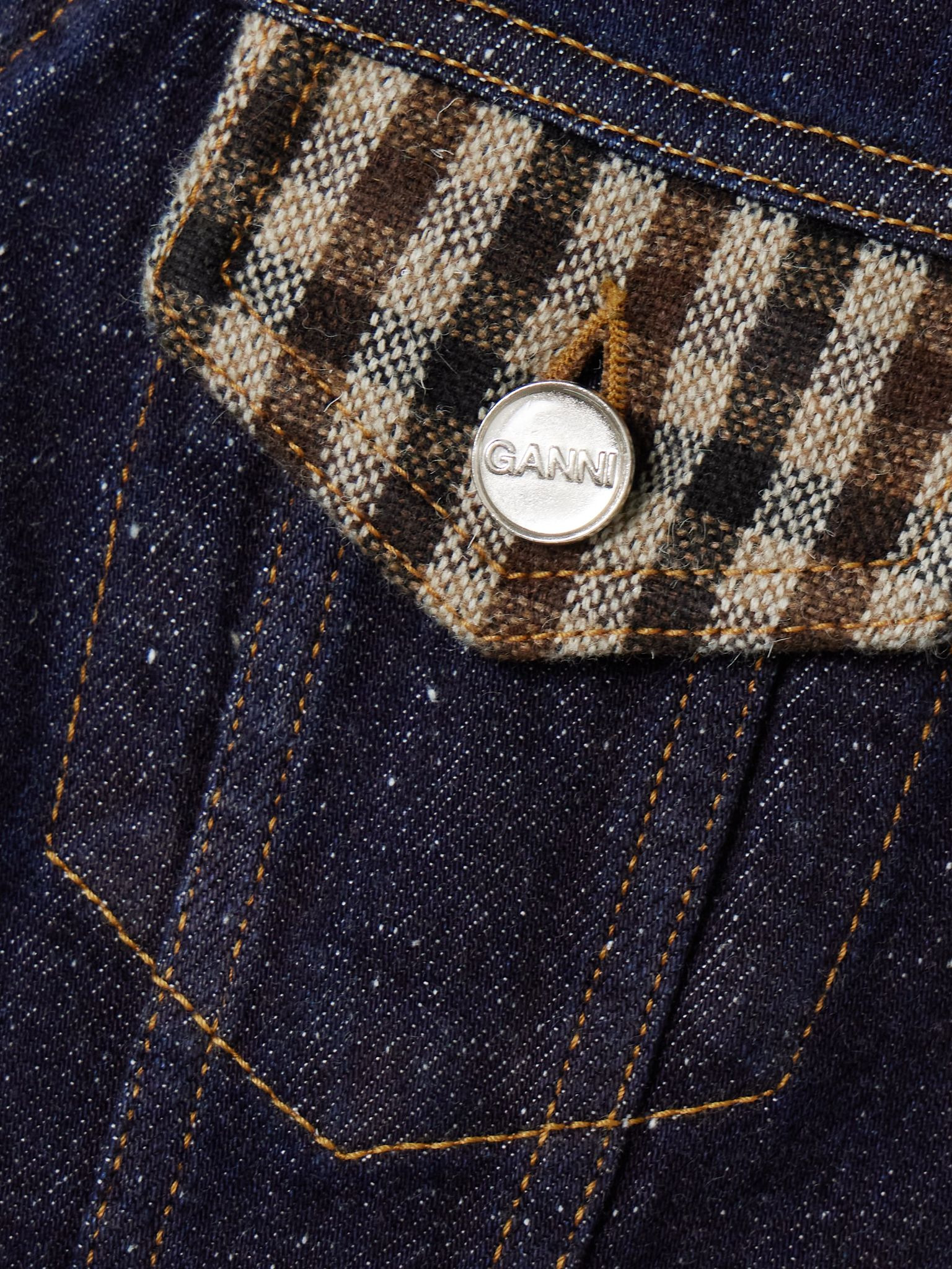 Neppy checked tweed-trimmed organic denim vest Dark denim - 5