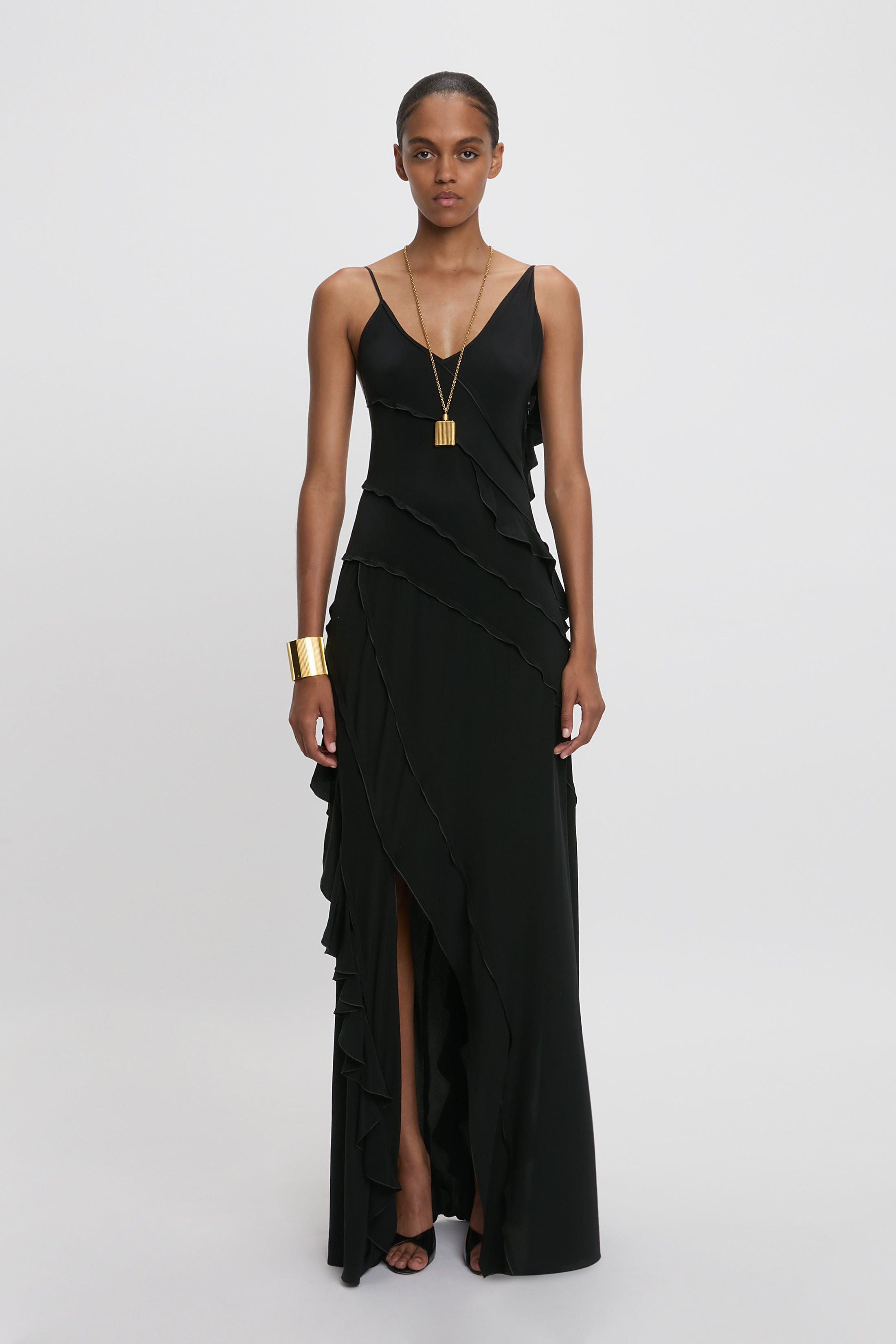Exclusive Asymmetric Bias Frill Dress In Black - 2