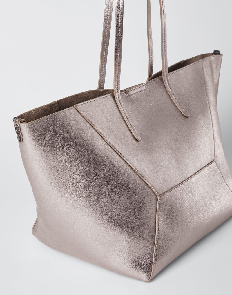Lamé calfskin shopper bag with monili 3