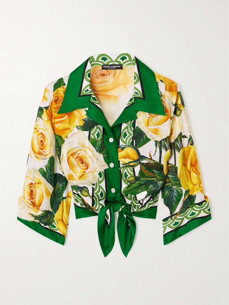 Cropped tie-front floral-print silk-twill shirt 1