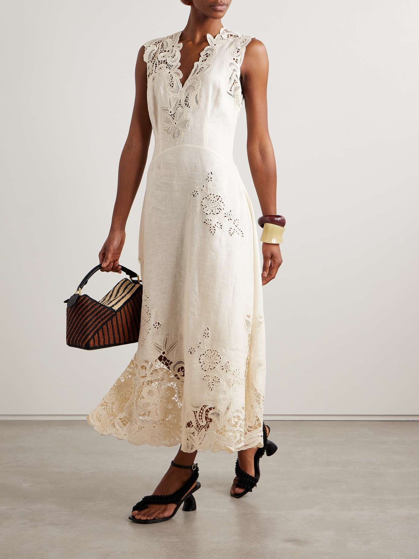 Olivette guipure lace-trimmed broderie anglaise linen midi dress White - 2