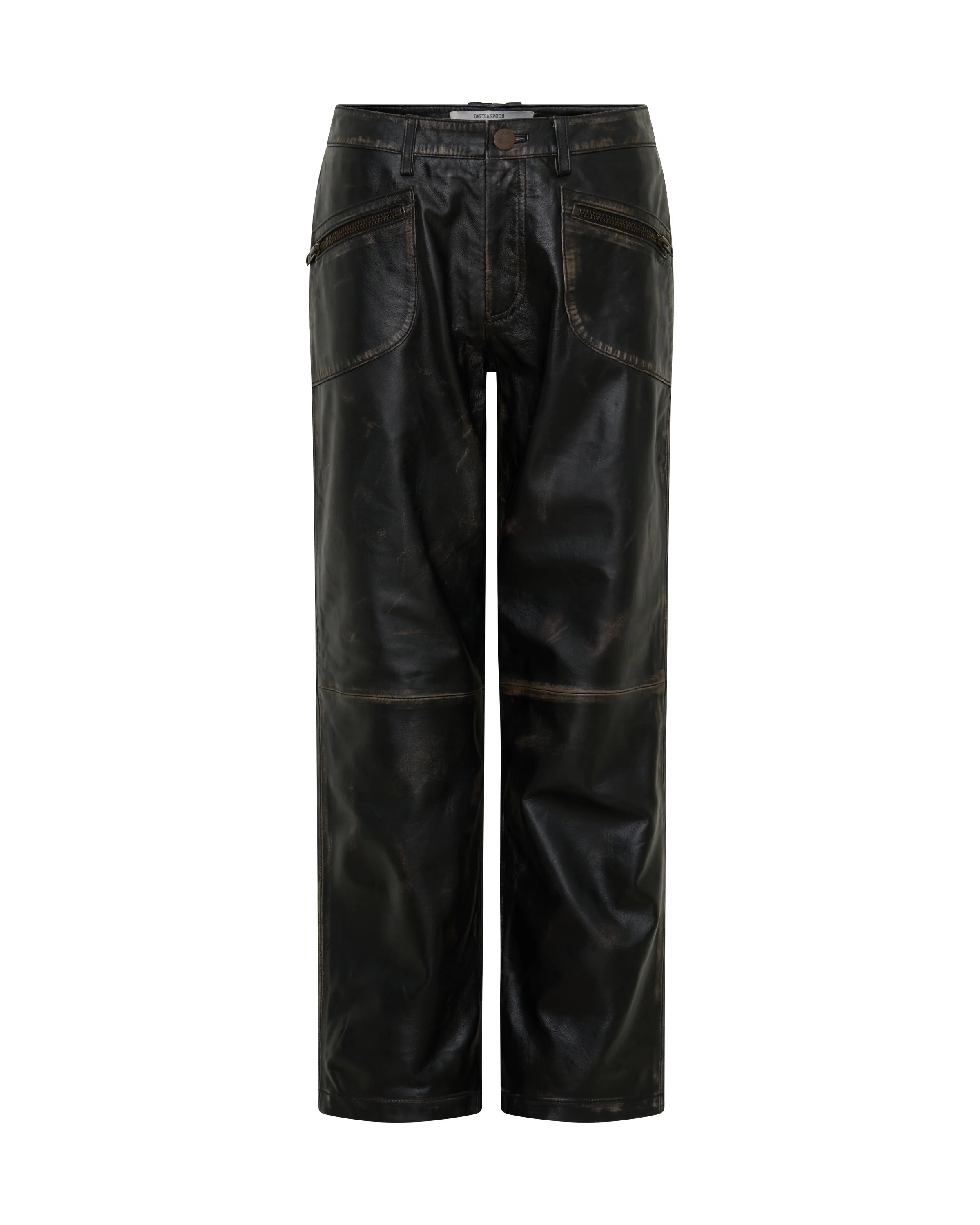 Atlas Carrot Leg Mid Waist Leather Pants - Worn Black - 1