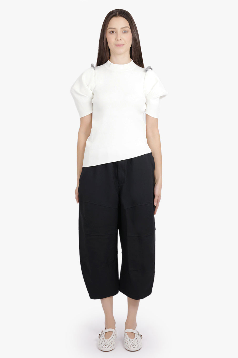 STRUCTURED SHOULDER S/S ASYMMETRIC KNIT PULLOVER | OFF WHITE - 4