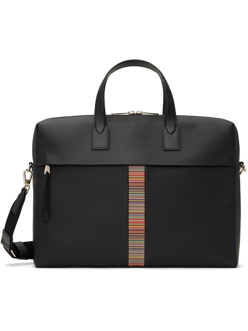 Black Leather Signature Stripe Trim Folio Briefcase - 1