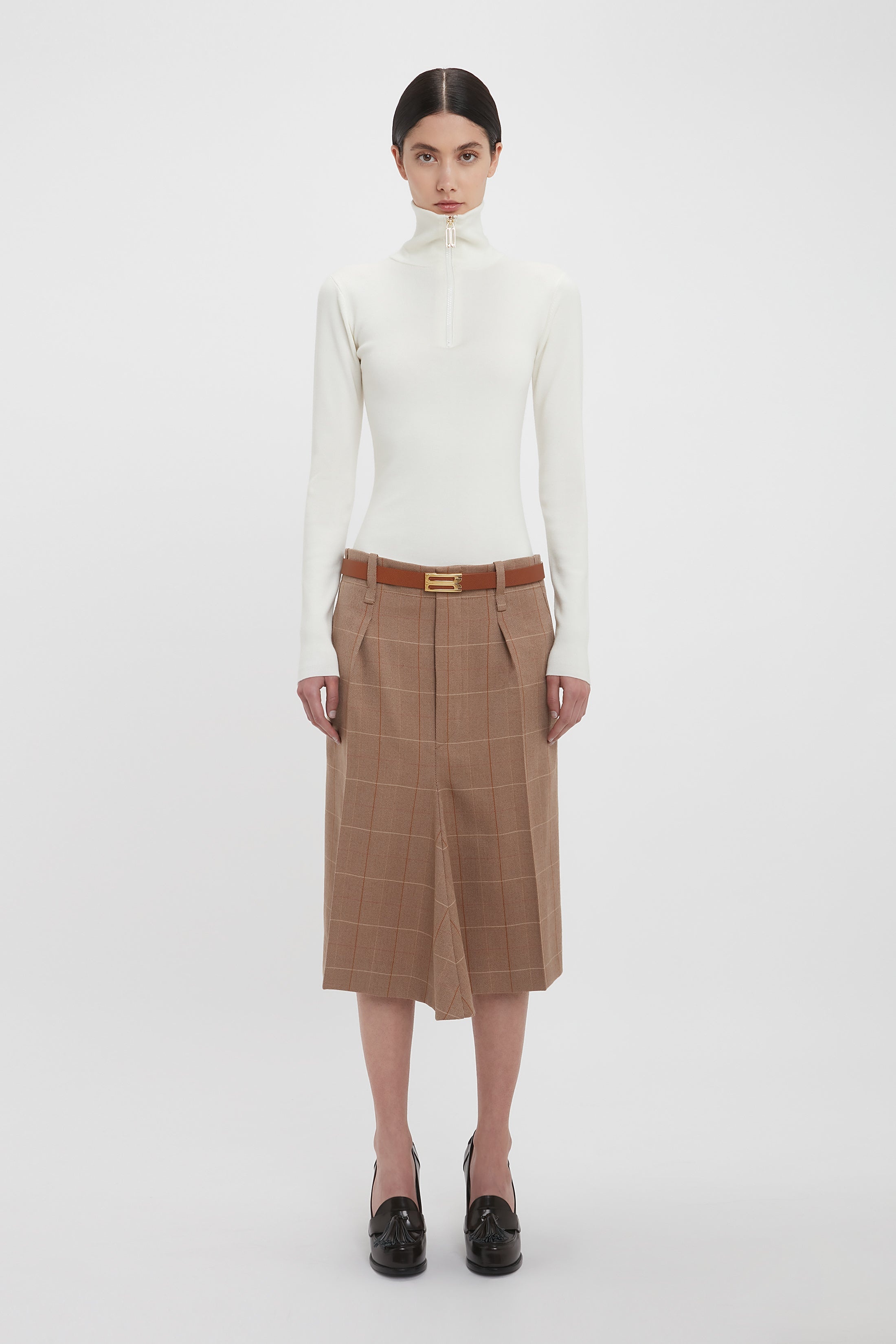 Exclusive Asymmetric Tailored Skirt In Camel-Multi Check - 2