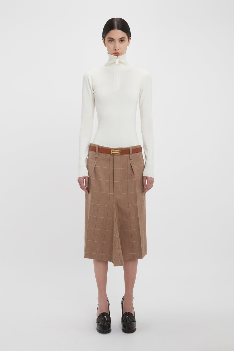 Victoria Beckham Exclusive Asymmetric Tailored Skirt In Camel-Multi Check outlook