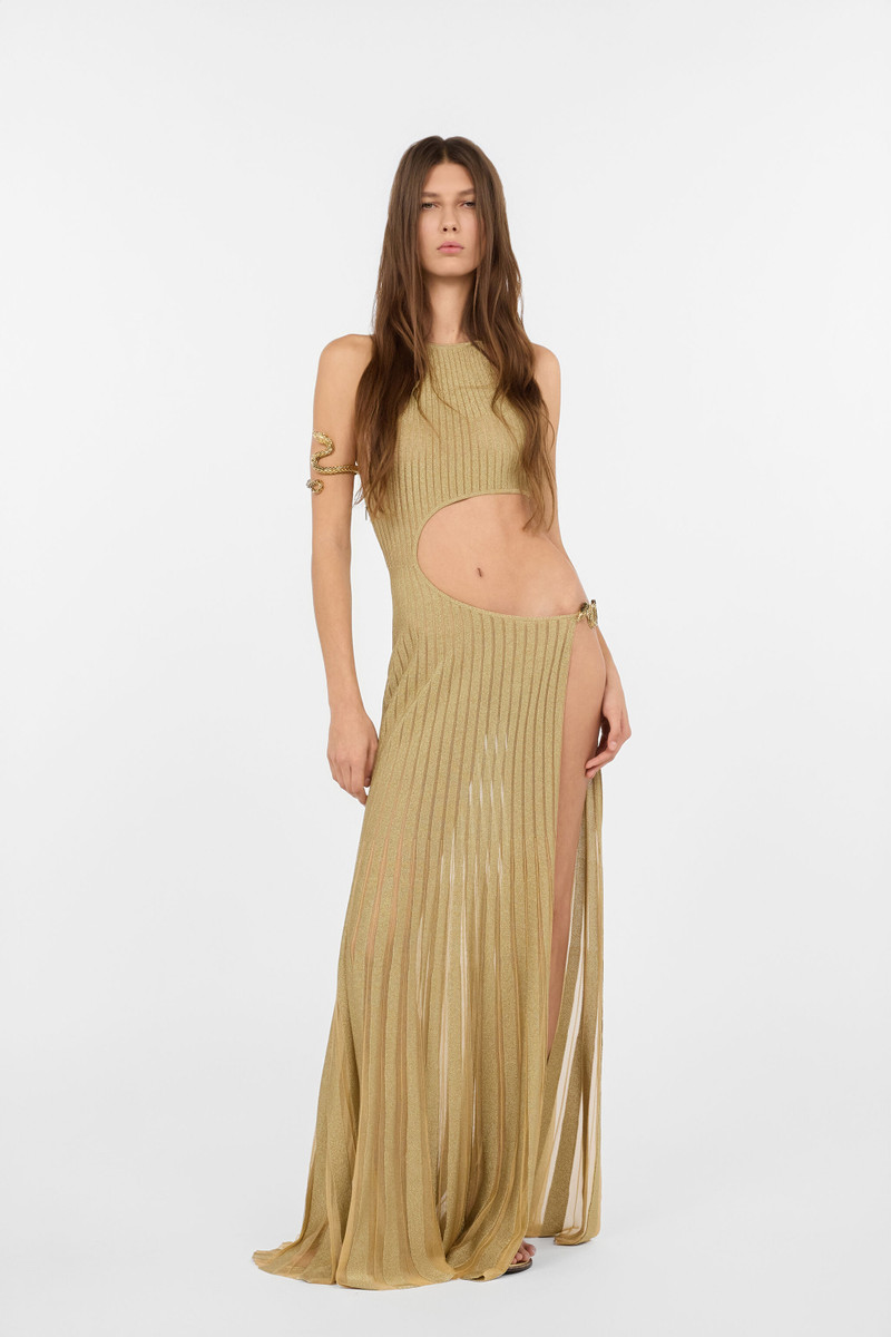 Roberto Cavalli Long Sheer Gold Dress with Cut-Outs outlook