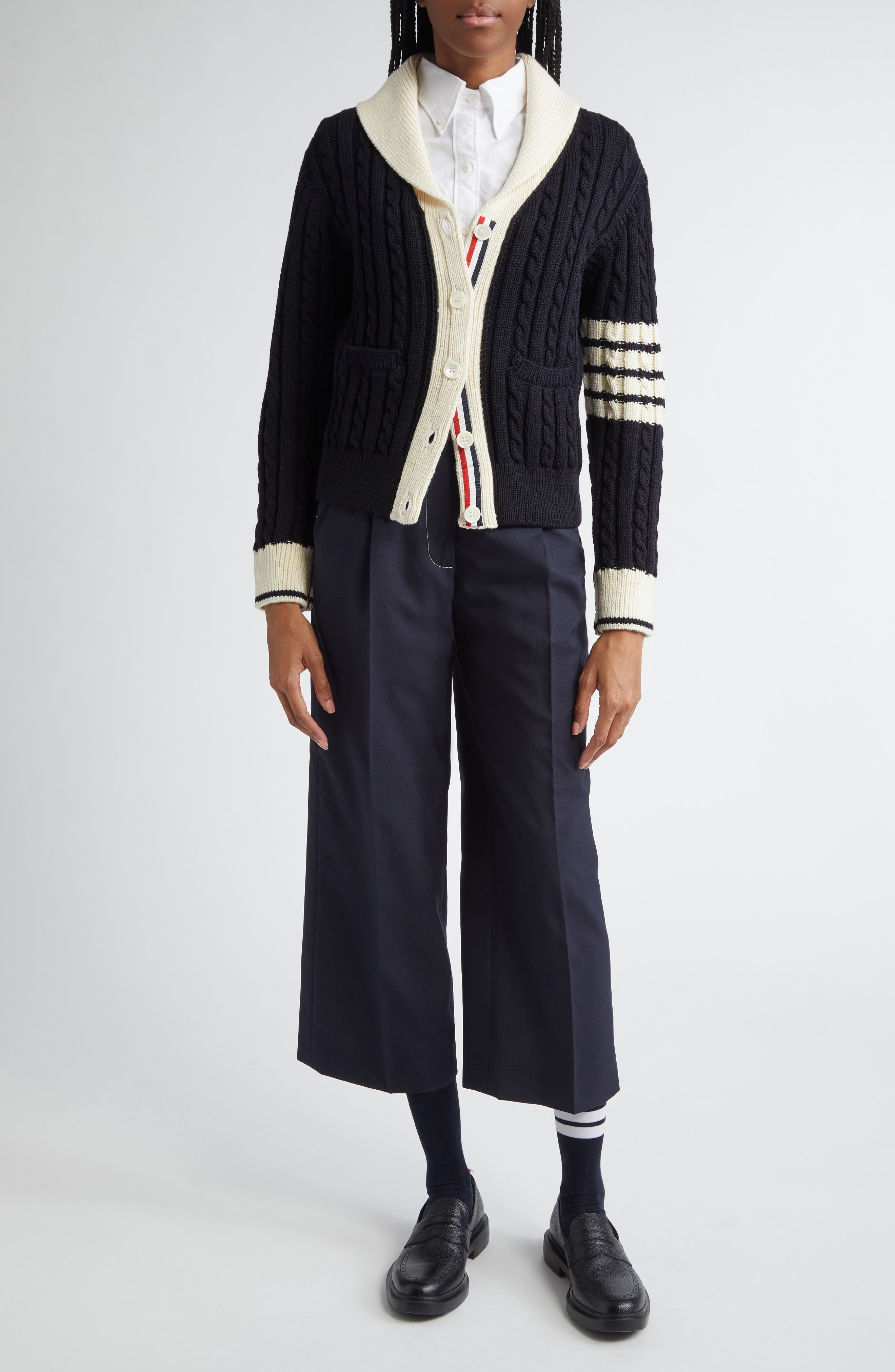 Thom Browne 4-Bar Cable Knit Virgin Wool Shawl Cardigan in Navy at Nordstrom - 2