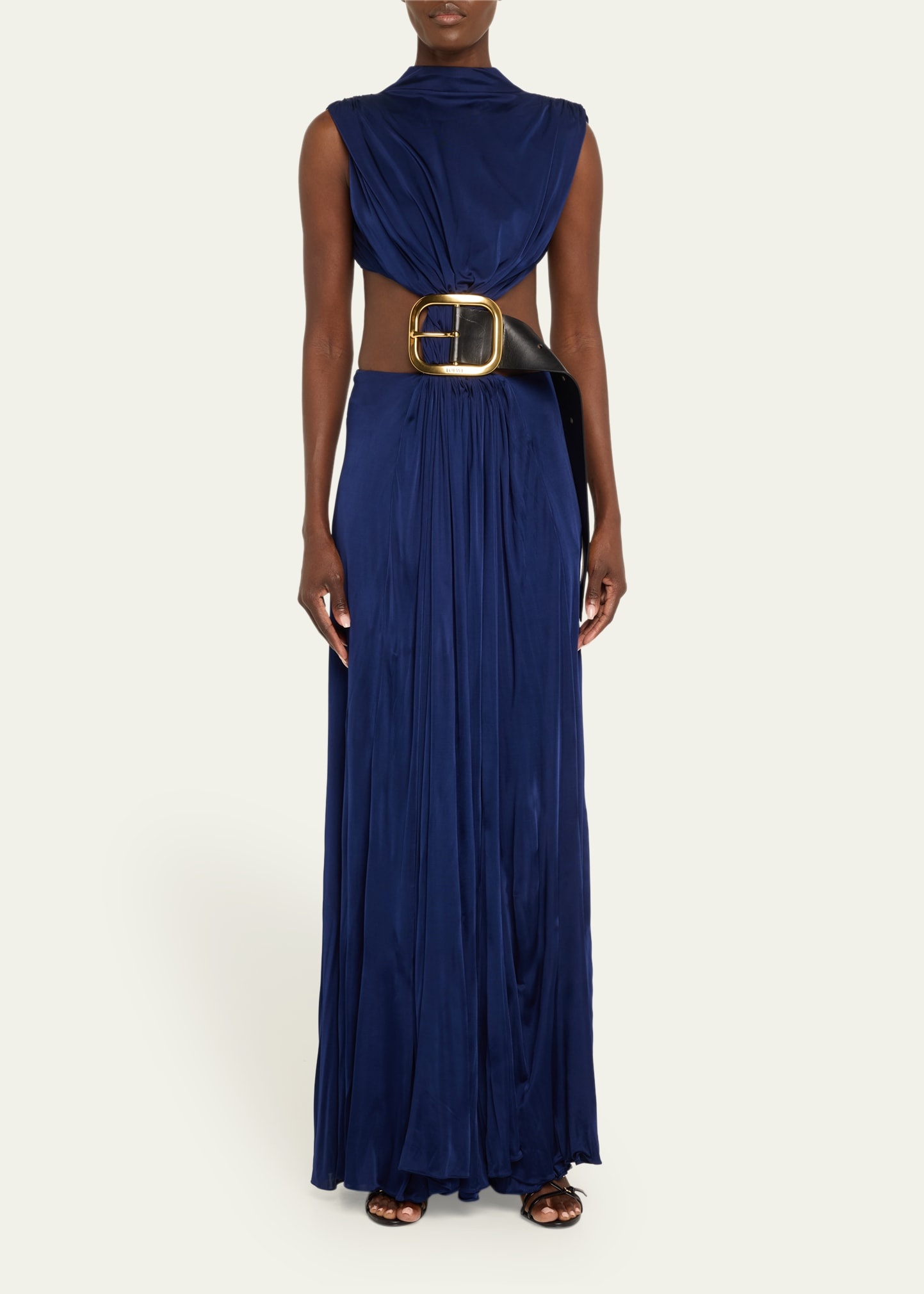 High-Neck Cutout Draped Backless Belted Gown - 2