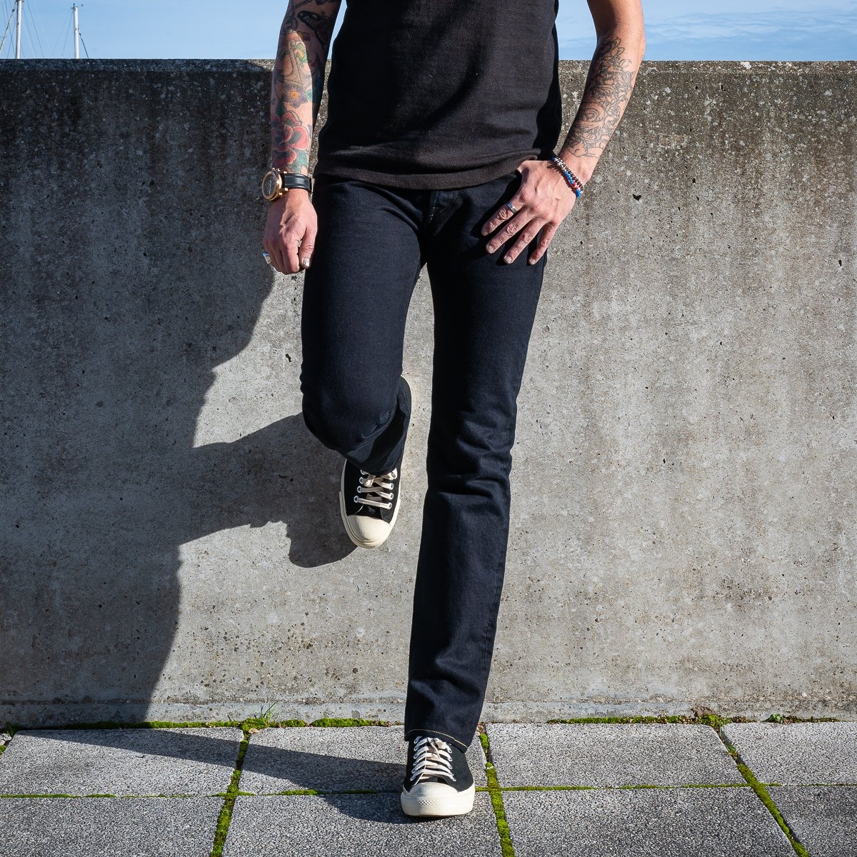 IH-777S-142od 14oz Selvedge Denim Slim Tapered Cut Jeans - Indigo Overdyed Black - 4