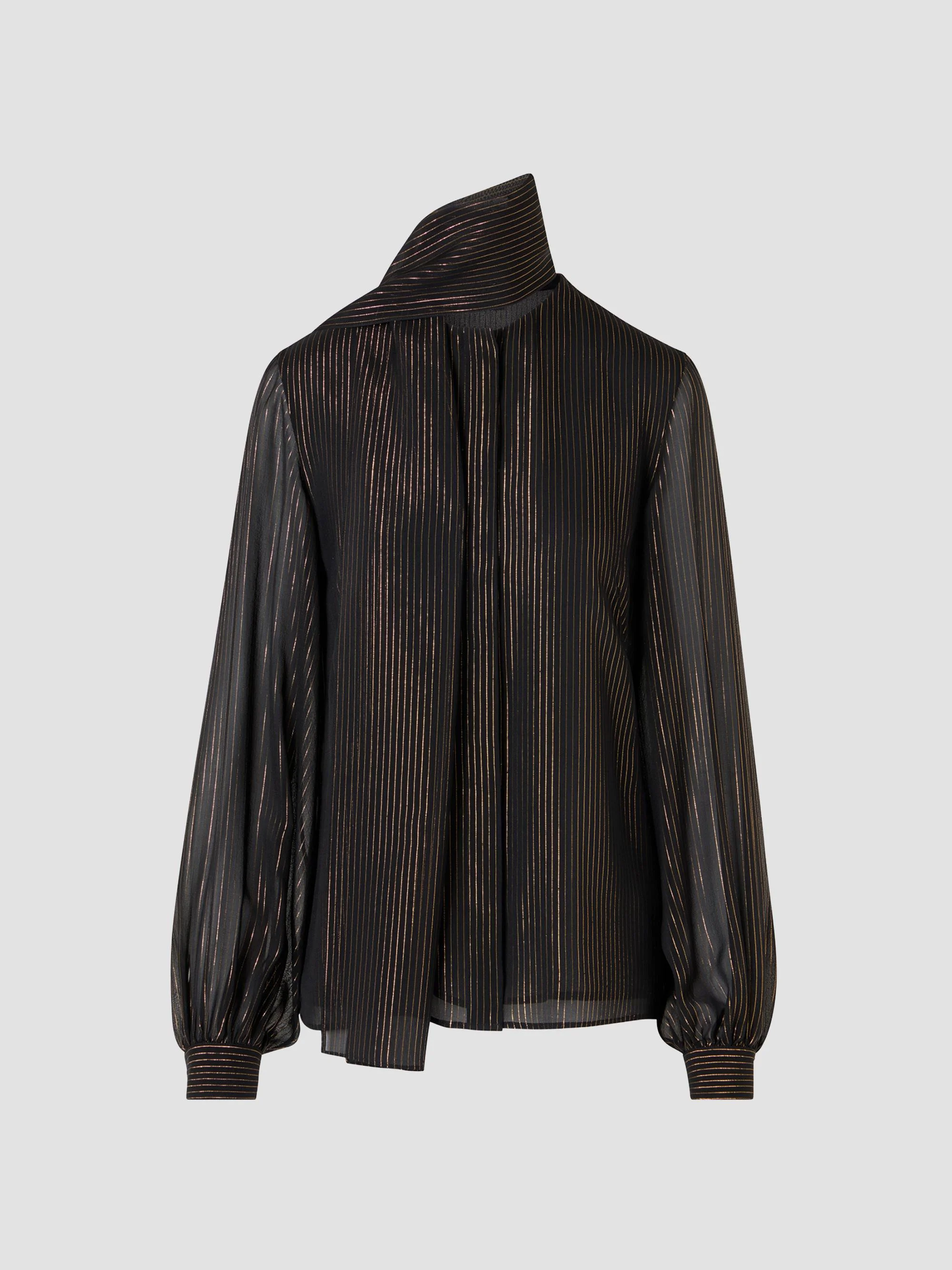 Women's Striped Silk Lamé Scarf Blouse - Black Gold - 1