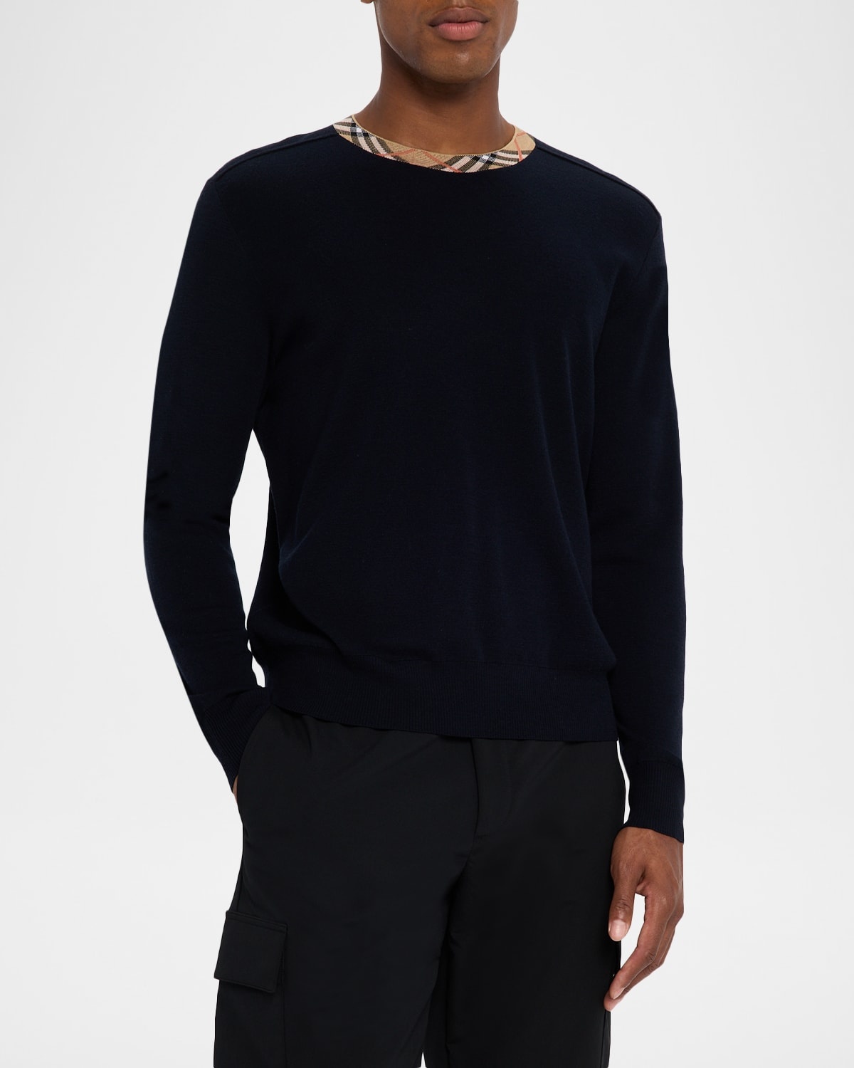 Men's Wool Knit Check-Trim Crewneck Sweater - 4