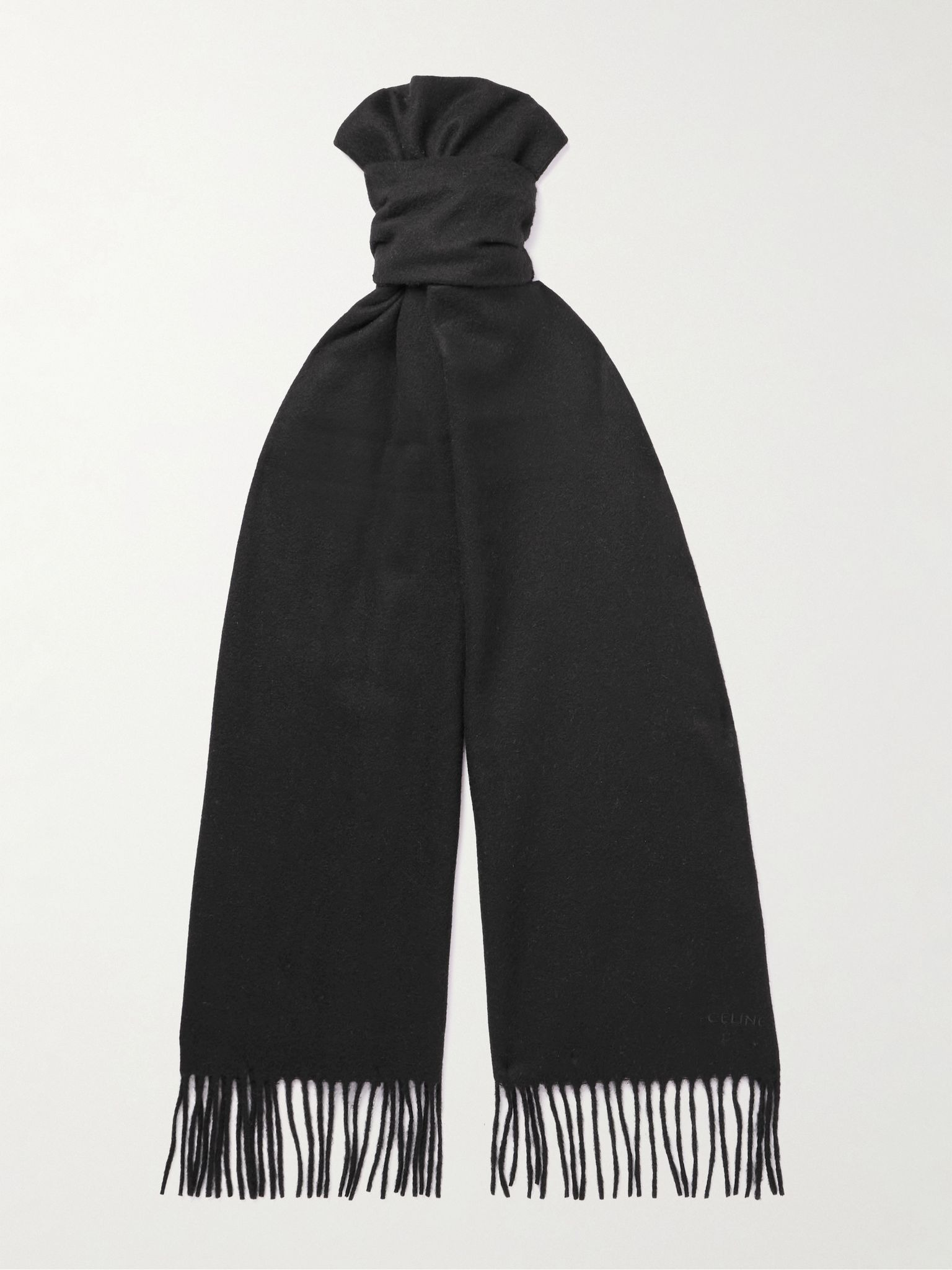Logo-Embroidered Fringed Cashmere Scarf Black - 1