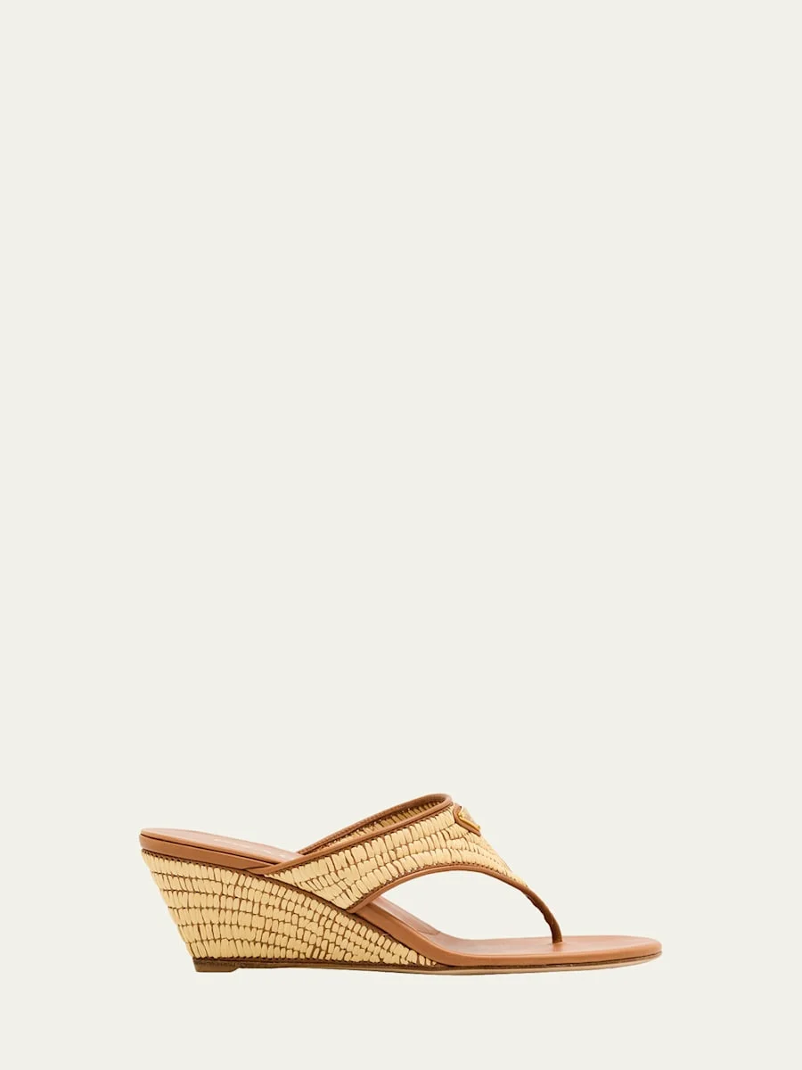 55mm Triangle Logo Raffia and Leather Thong Sandals - 1