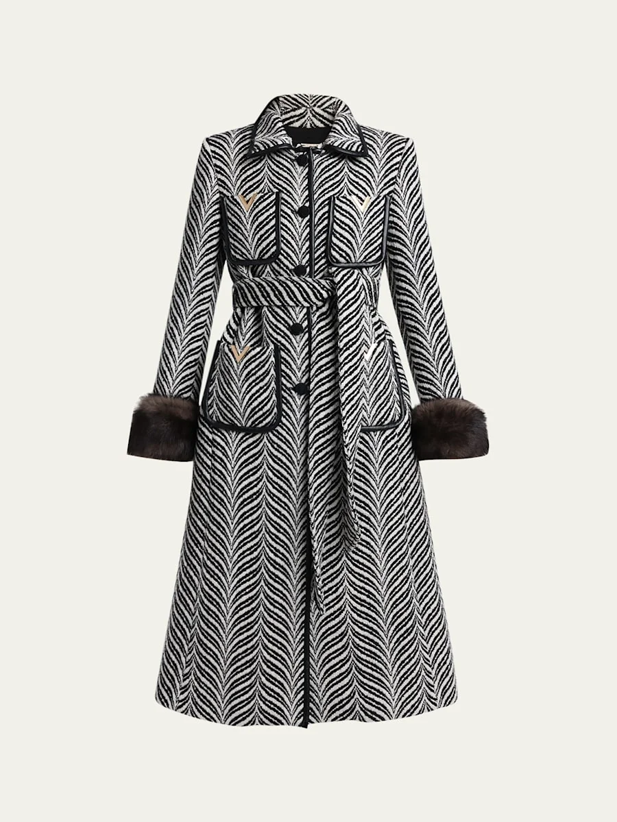 Lamb Shearling Cuff Belted Herringbone Coat - 1