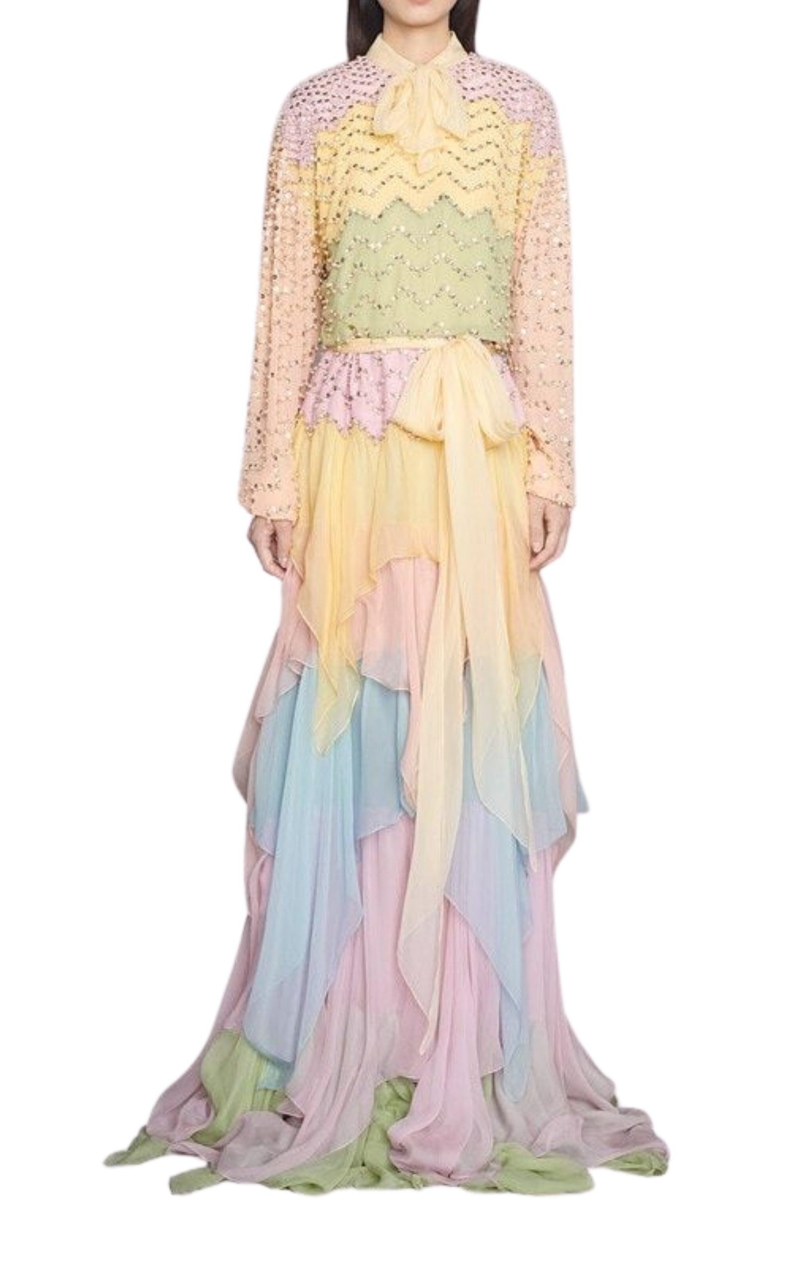 Ruffled Gown Embellished with Pearls Rhinestones - 2
