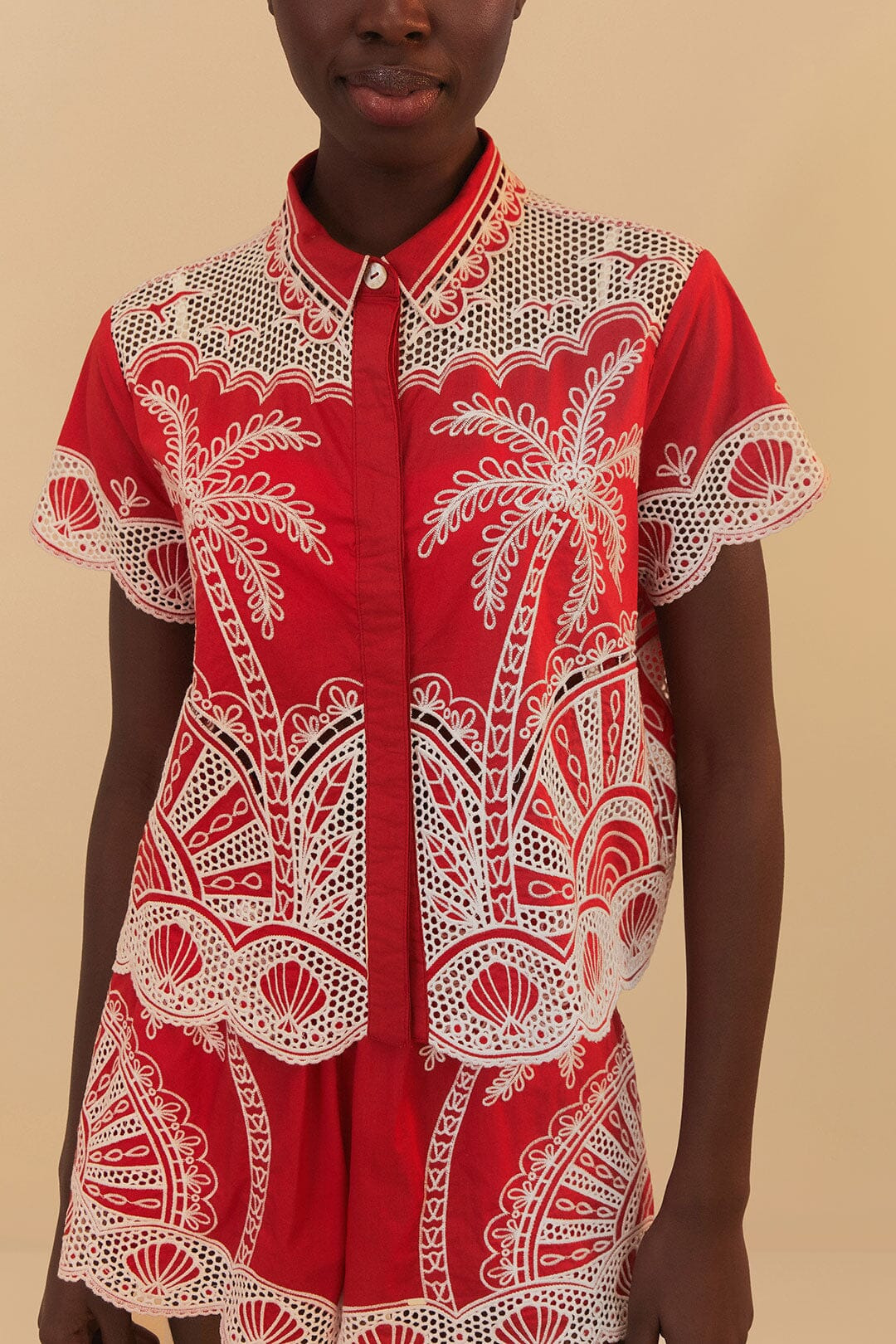 Red Palm Trees Embroidered Organic Cotton Short - 3