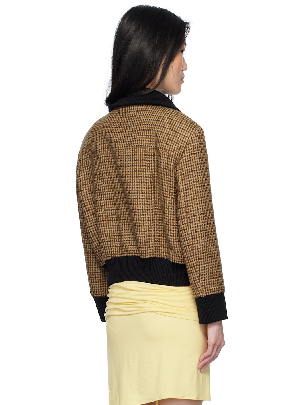 Beige & Brown Houndstooth Bomber Jacket - 3