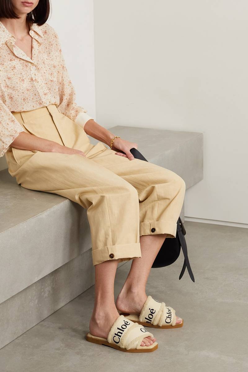 Chloé Woody shearling-trimmed logo-print canvas slides outlook