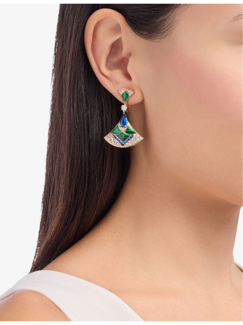 BVLGARI Divas' Dream 18ct rose-gold, 0.40ct and 1.28ct diamond, 0.80ct sapphire, malachite and tanzanite ear outlook