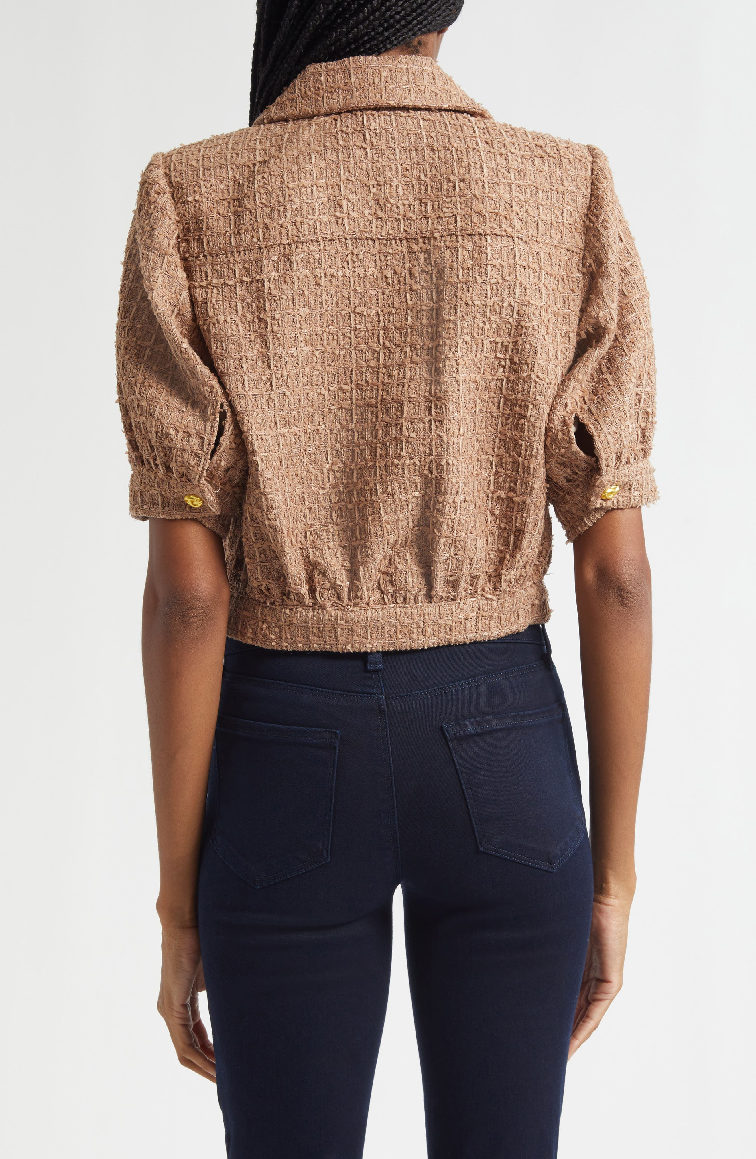 L'AGENCE Cove Tweed Elbow Sleeve Crop Jacket in Cappuccino at Nordstrom - 3