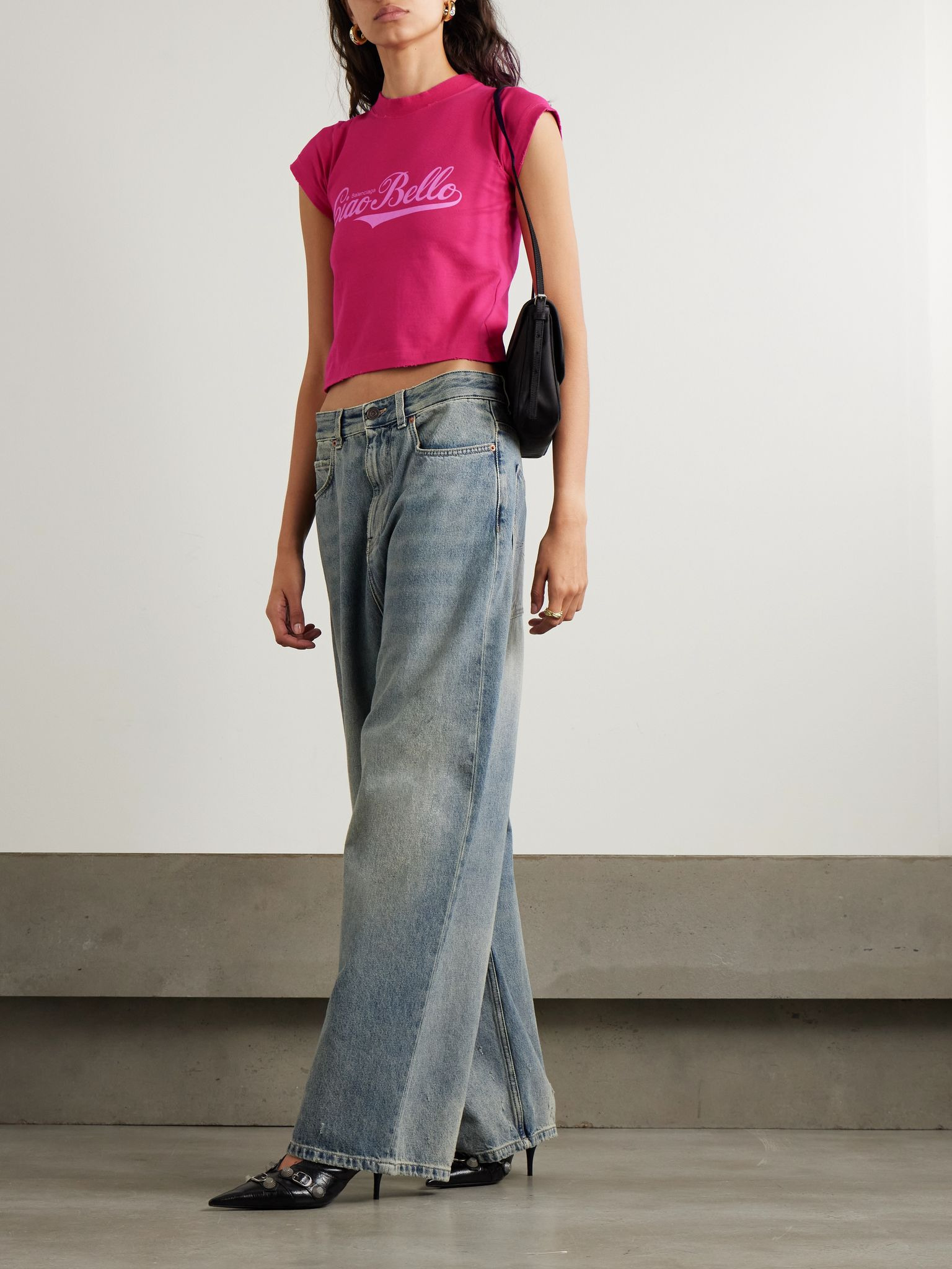 Cropped distressed printed cotton-blend jersey T-shirt Magenta - 2