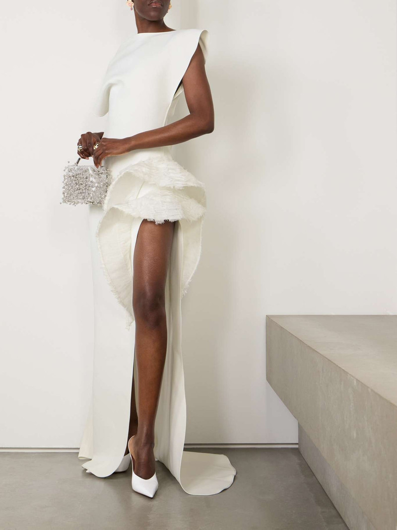 MATICEVSKI Wishing asymmetric ruffled tulle-trimmed crepe gown White outlook