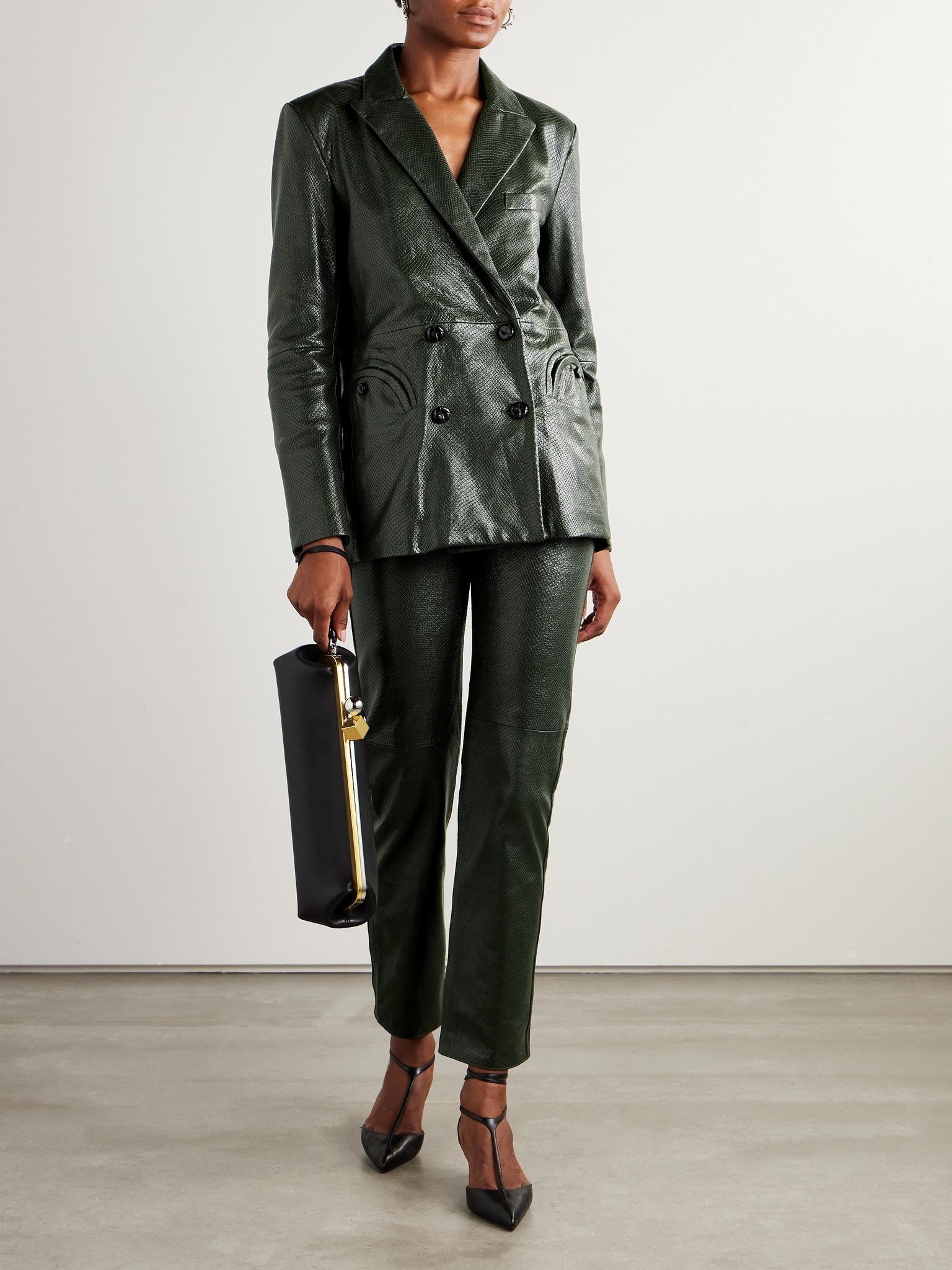 Emera snake-effect leather straight-leg pants Green - 2