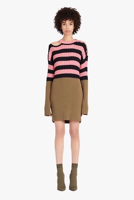 Salmon pink and black striped eco-designed wool dress - 4