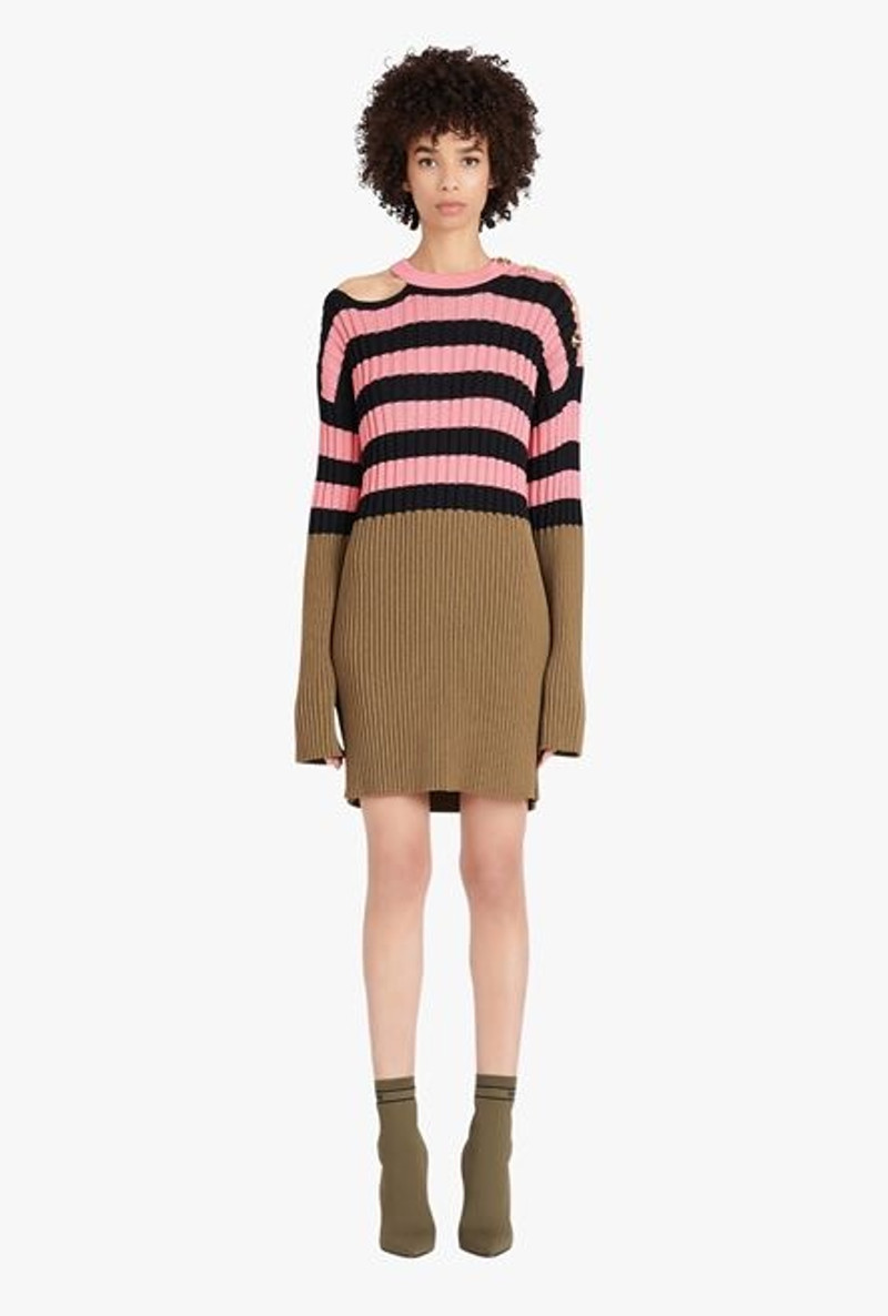 Salmon pink and black striped eco-designed wool dress 4