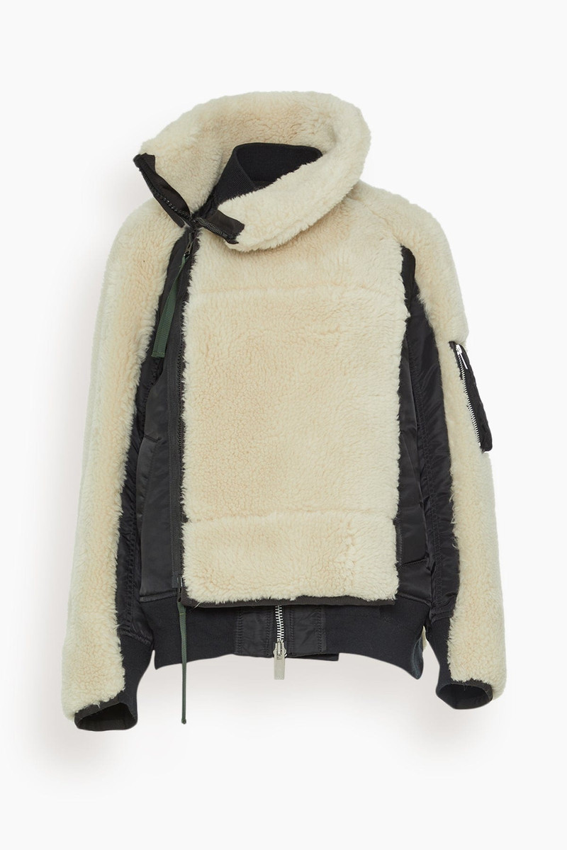 Faux Shearling x Nylon Twill Blouson in Black/Ecru 1