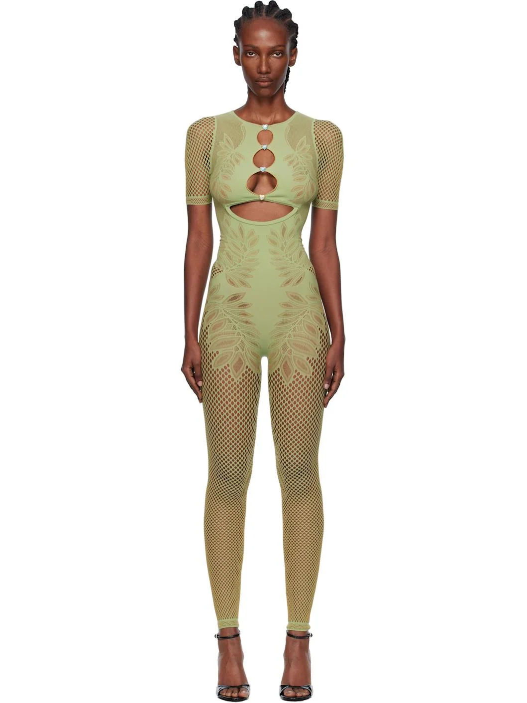 Green Dinero Leaves Cut Out Playsuit Jumpsuit - 1