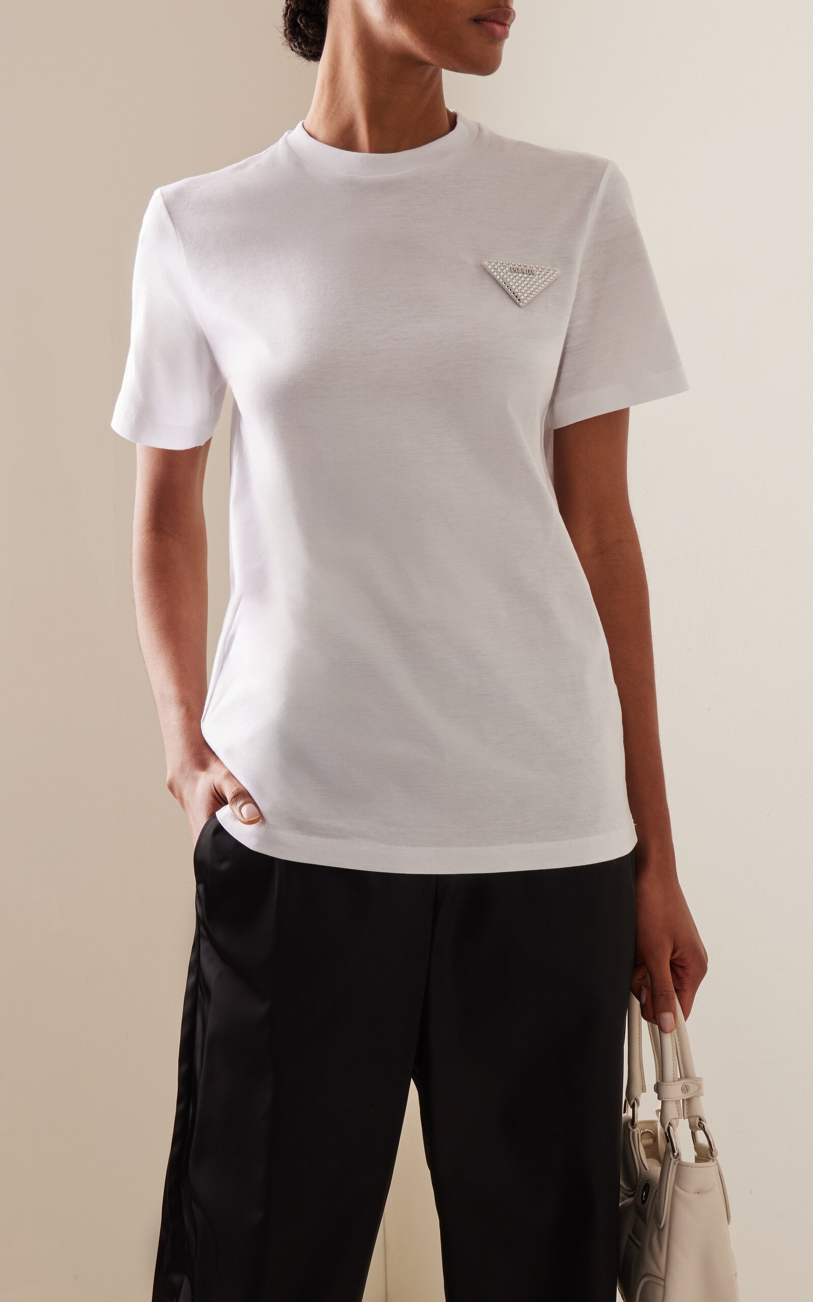 Tシャツ・カットソー PRADA 39586SOOO.1736 Shirts Prada crystal-embellished triangle logo T-shirt | REVERSIBLE