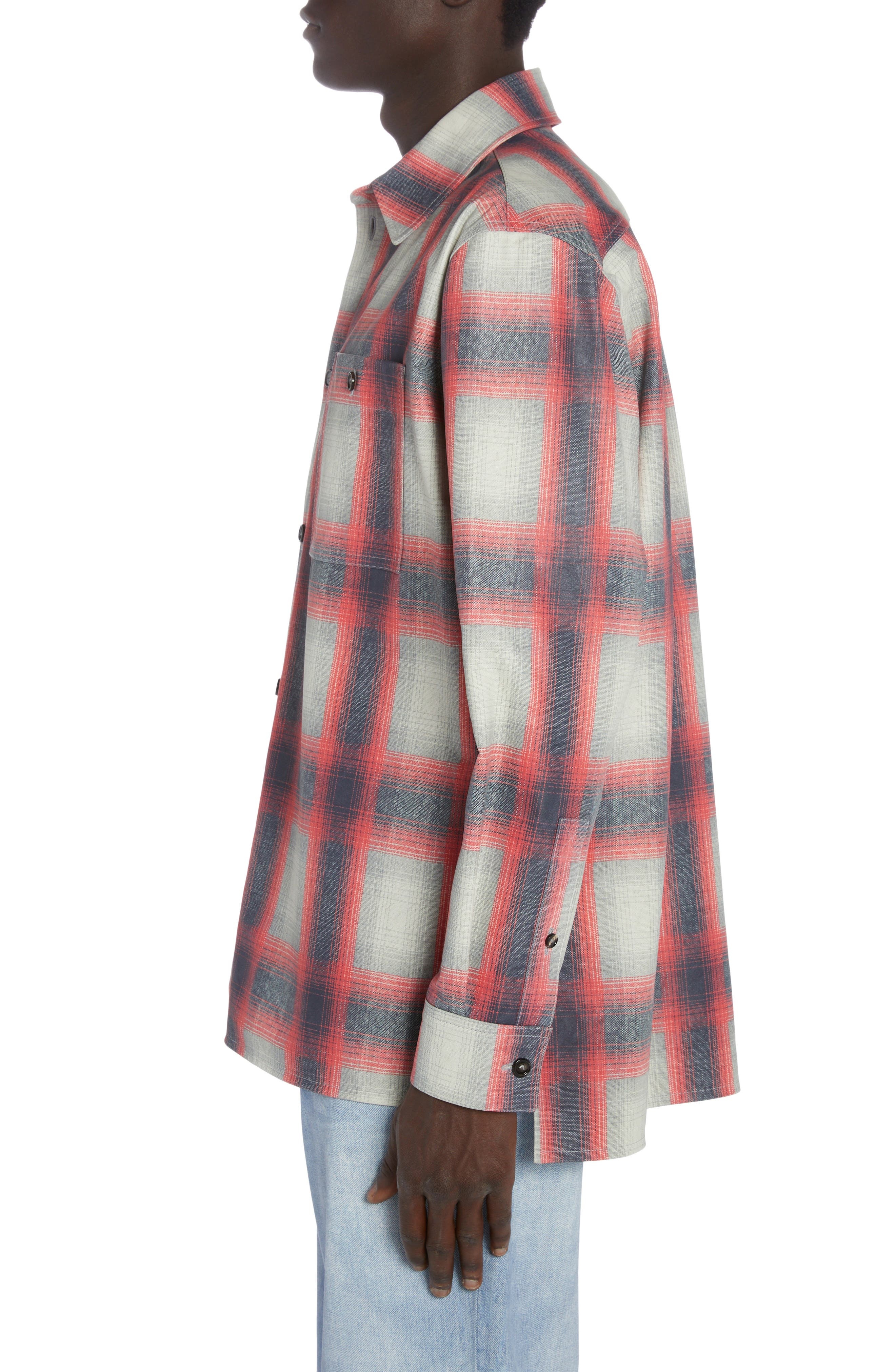 Bottega Veneta Check Print Leather Button-Up Shirt in Grey/Red/Black at Nordstrom - 4