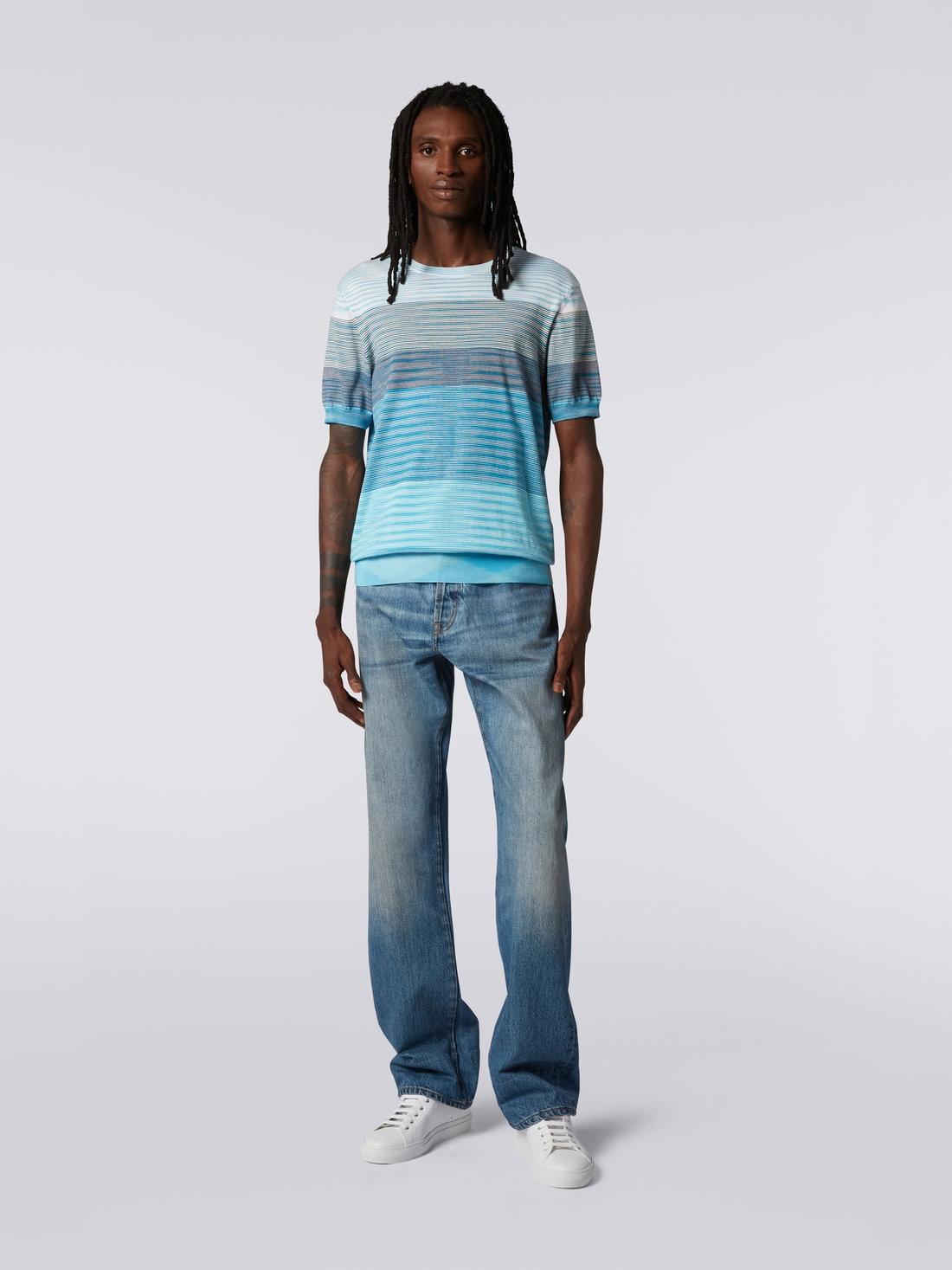 Short-sleeved crew-neck T-shirt in cotton knit with dégradé stripes - 2