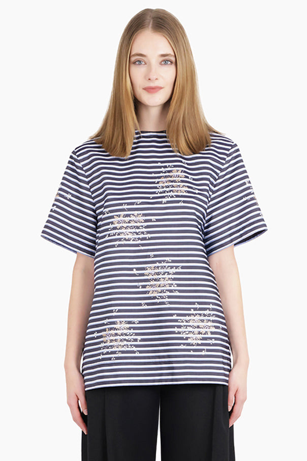 BACKLESS STRIPE S/S T-SHIRT WITH SILVER MOTIF | BLUE/WHITE - 3