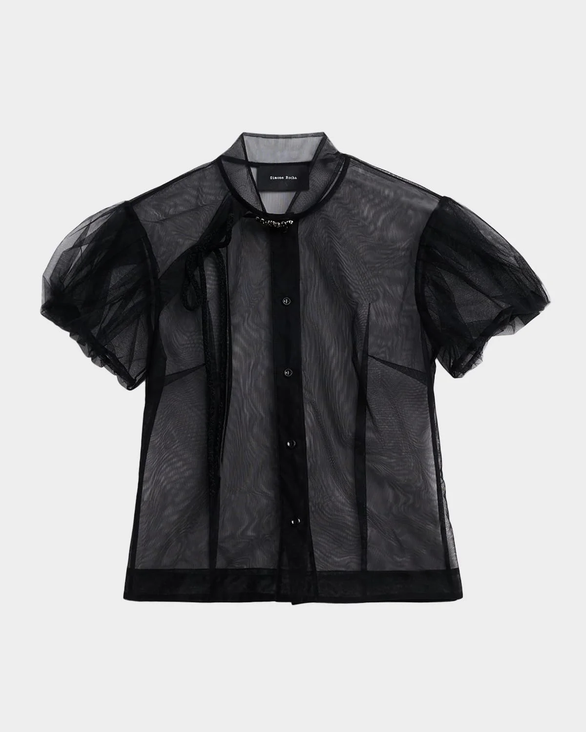 Sheer Tulle Puff-Sleeve Button-Down Shirt - 1